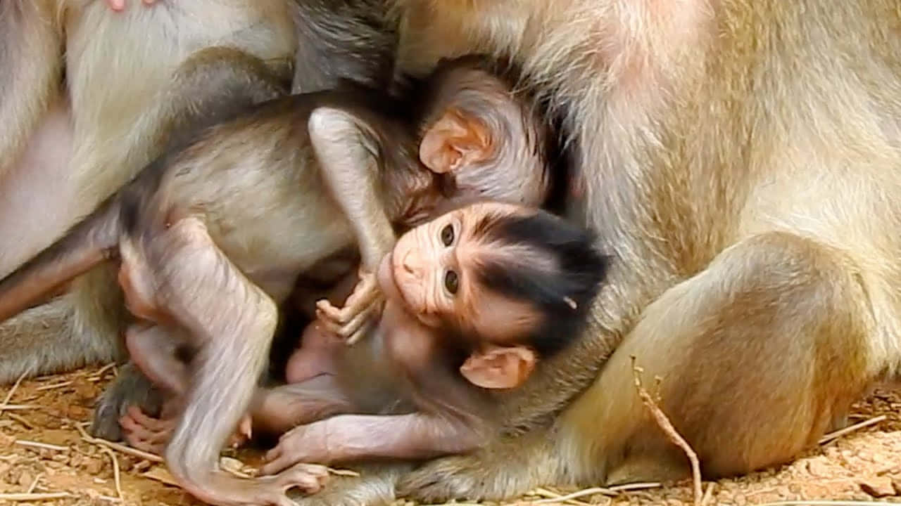 Baby Monkey 桌布 壁紙 — 一隻深色毛髮、大眼睛的小猴子寶寶緊緊抓住媽媽的肚子，另一隻嬰兒在附近的乾燥地面上睡覺。