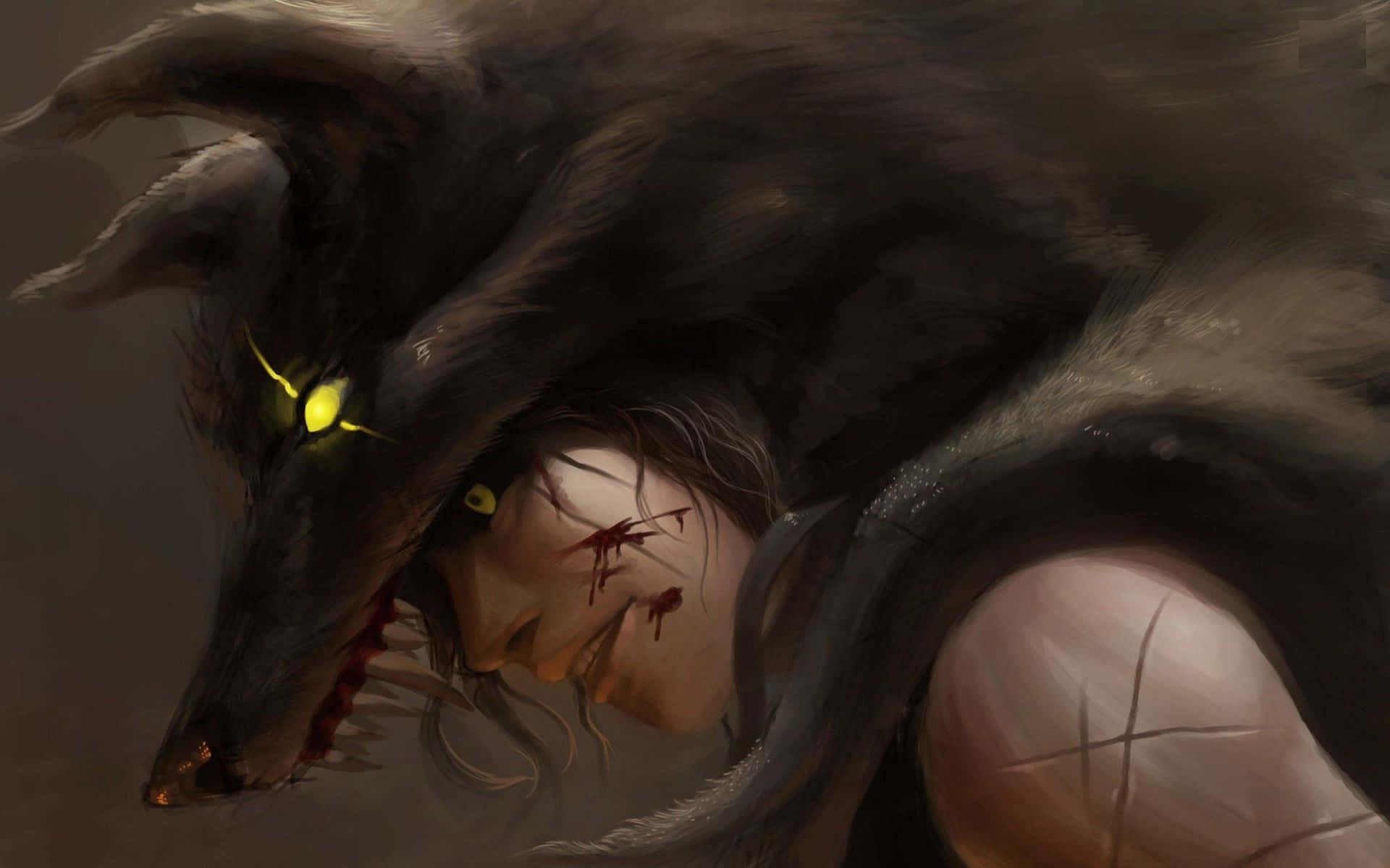 Werewolf Costumes 桌布 壁紙 — 一隻深色毛髮、眼睛發出黃光的狼人，在陰暗親密的時刻擁抱著一個滿是血跡和抓痕的人類身影。