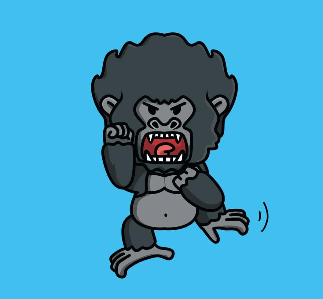 Cute Gorilla 桌布 壁紙 — 一隻深色毛髮、紅色嘴巴的卡通大猩猩，在純藍色背景上憤怒地咆哮。