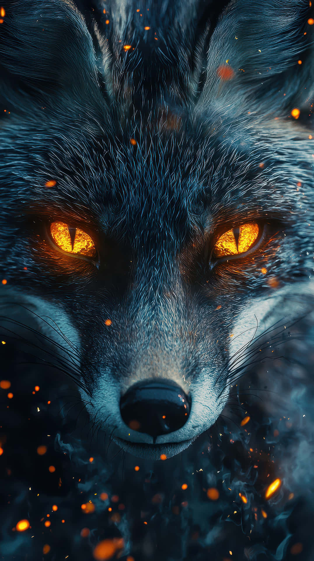 Intense Close-Up of a Mystical Fox with Glowing Fiery Eyes and Floating Embers 壁紙 — 一隻深色毛髮的狐狸特寫，擁有發光的琥珀色眼睛，被漂浮的餘燼包圍，背景是煙霧般的藍色。