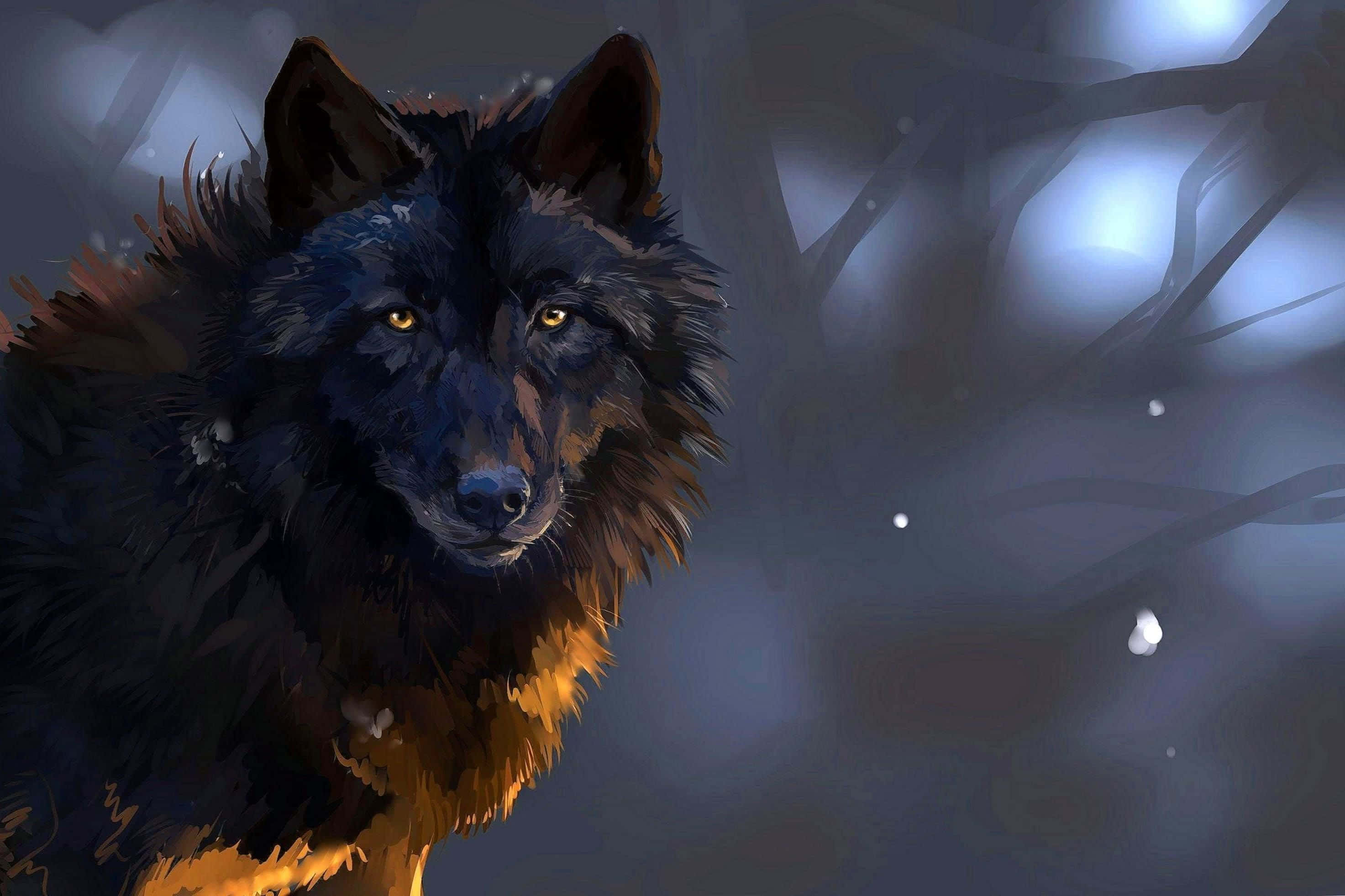 Alpha Wolf 桌布 壁紙 — 一隻深色毛髮的狼，琥珀色的眼睛發著光，在暮色中凝視著雪覆蓋的森林。