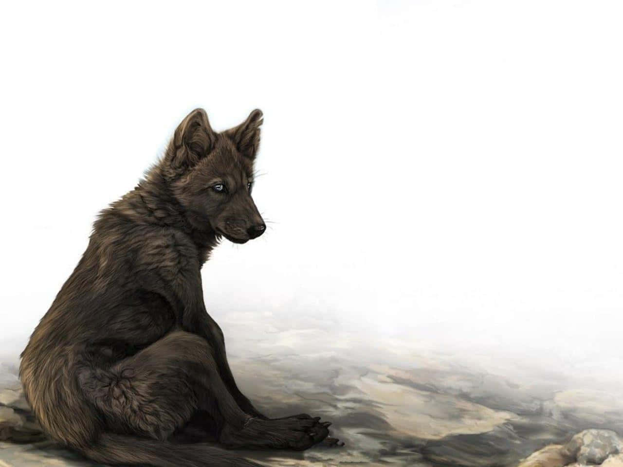 Mystical Wolf 桌布 壁紙 — 一隻深色毛髮的狼崽警覺地坐在霧氣籠罩的岩石上，凝視遠方，背景是柔和的白色。
