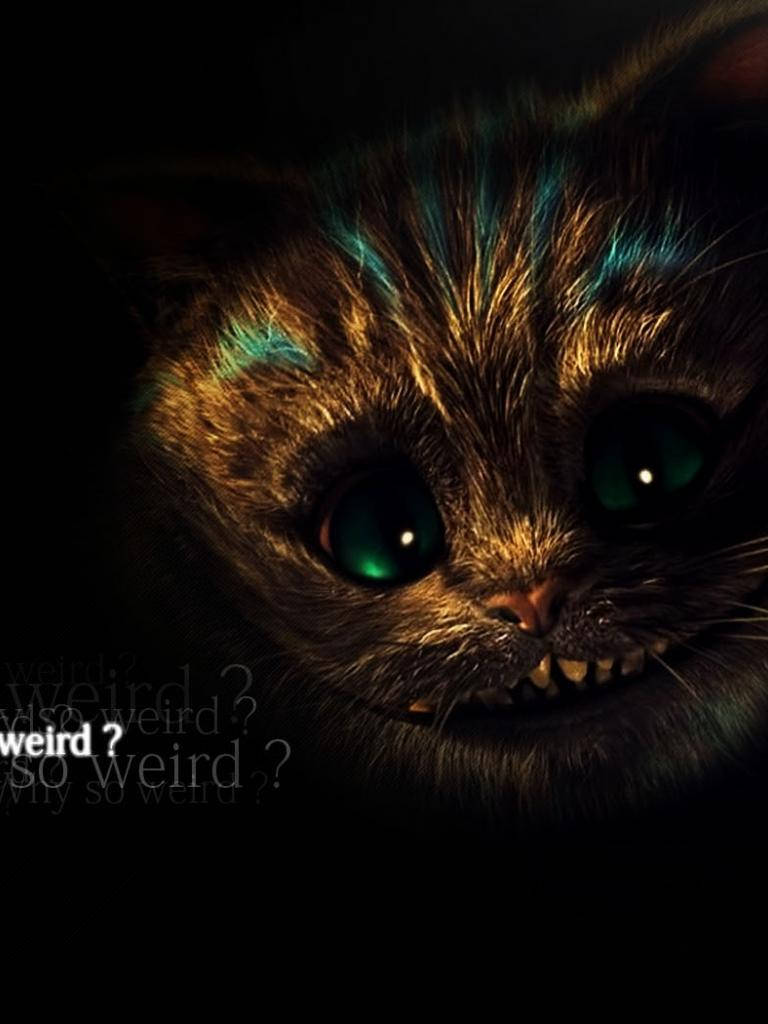 Alice In Wonderland Phone 桌布 壁紙 — 一隻深色毛髮的貓，擁有發光的綠色眼睛和鋒利的牙齒，在帶有重複文字的黑色背景上強烈凝視。