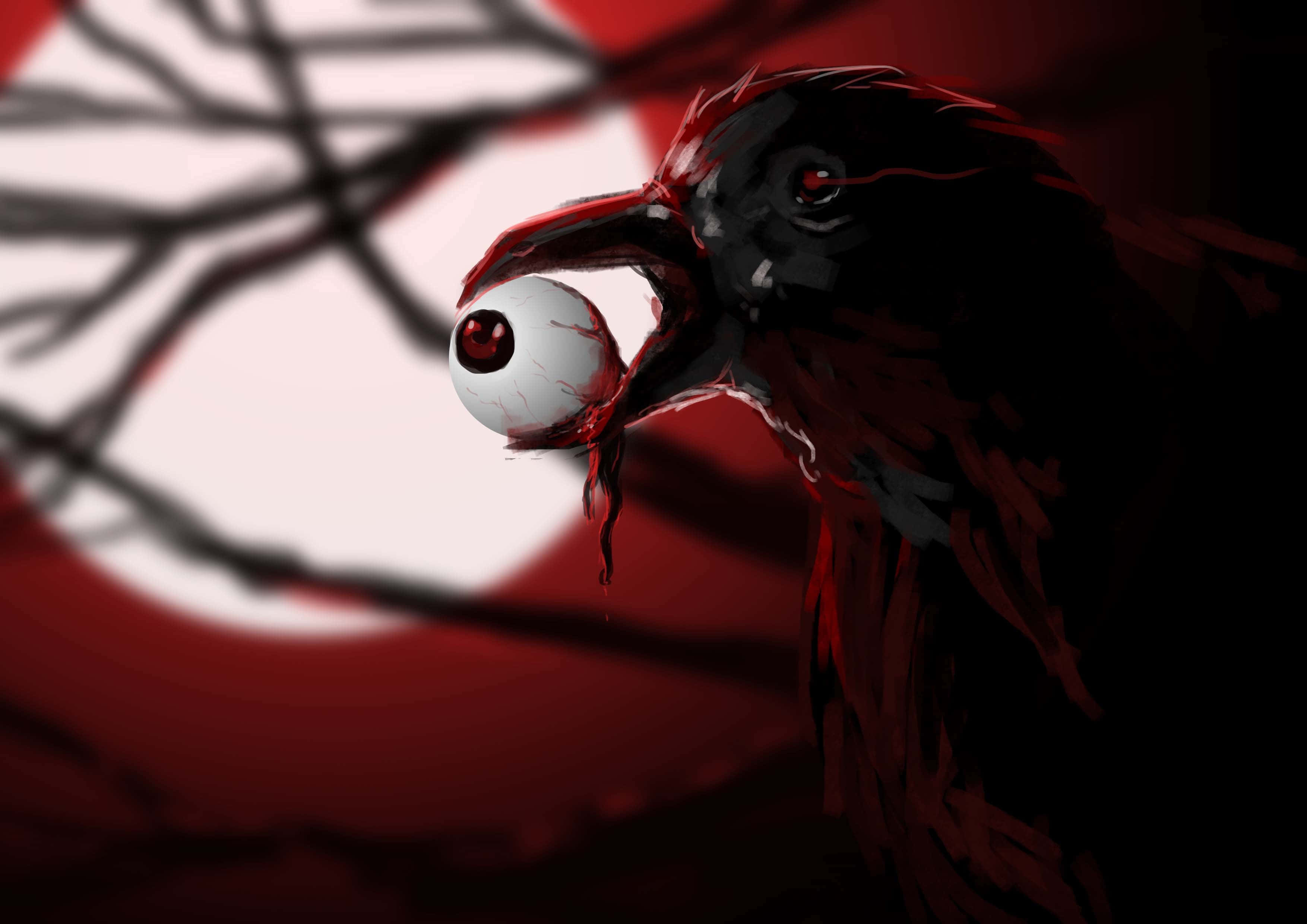 Raven 桌布 壁紙 — 一隻深色烏鴉帶著血淋淋的喙，緊握著一顆人類眼球，背景是模糊的紅色和白色。
