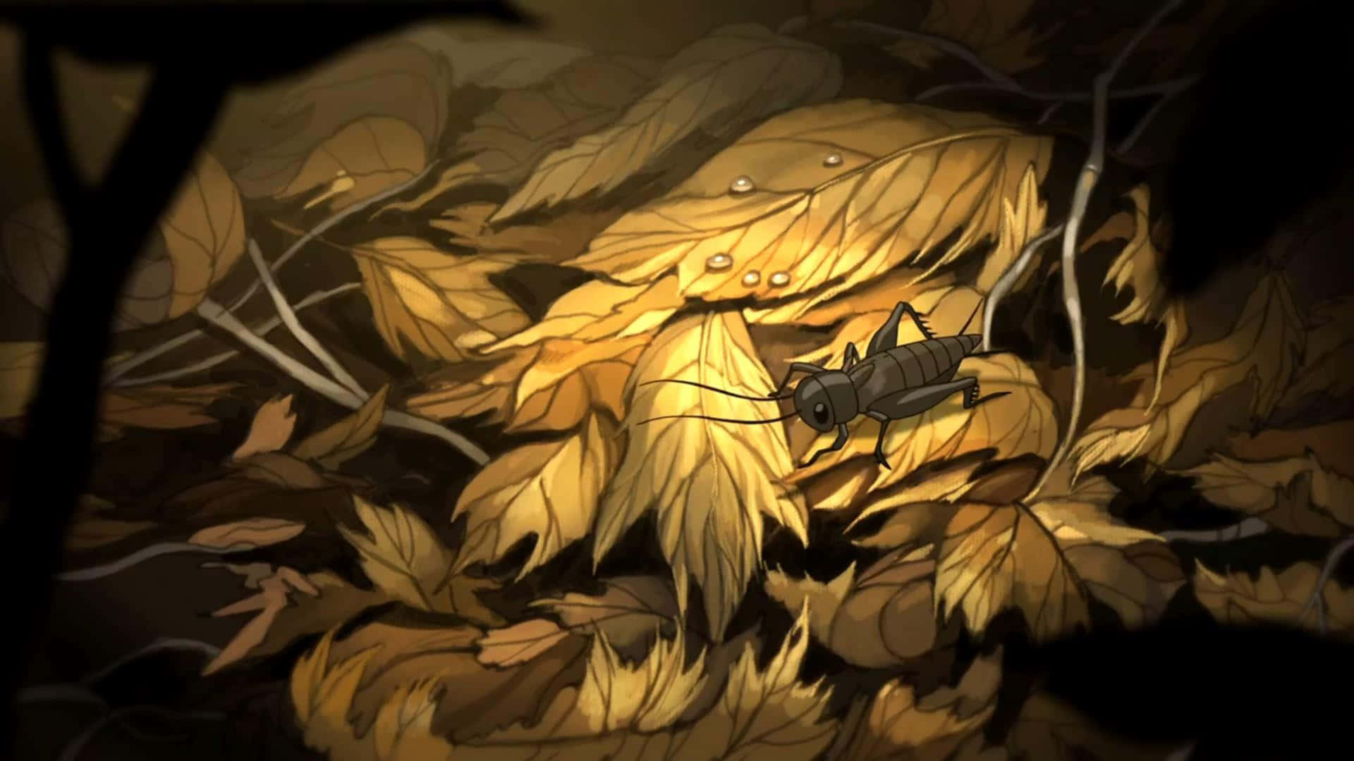 over the garden wall 桌布 壁紙 — 一隻深色的蟋蟀在陰暗森林地面的金色秋葉上休息，被溫暖的聚光燈照亮。