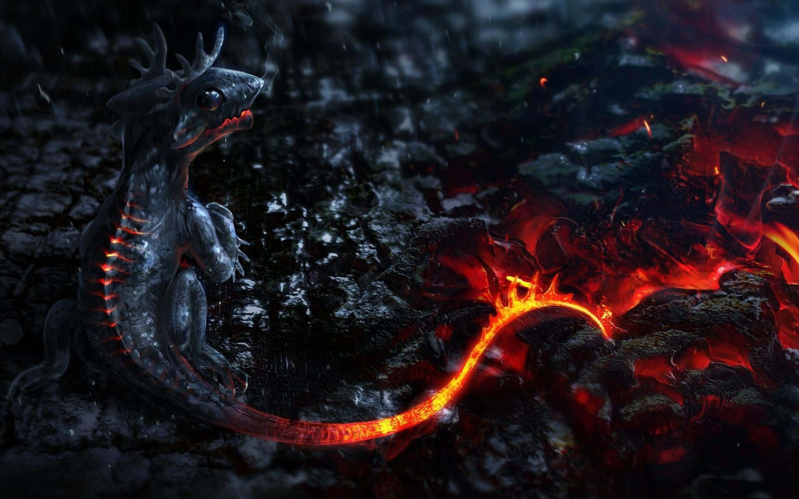 Real Dragon 桌布 壁紙 — 一隻深色鱗片龍，帶有發光的紅色脊椎和尾巴，坐在火山岩和流動的熔岩中，場景熾熱。