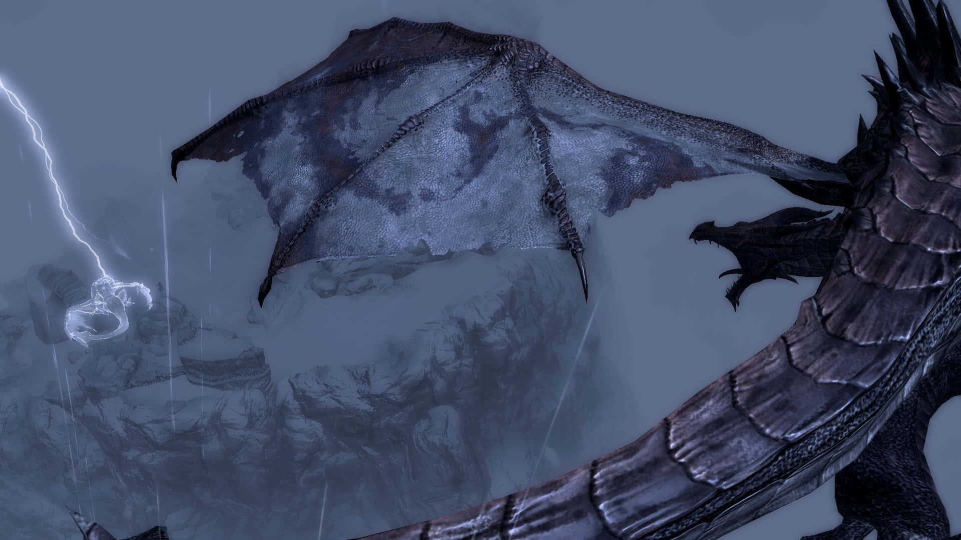 Skyrim Paarthurnax 桌布 壁紙 — 一隻深色鱗片龍展開翅膀，在雷電交加的暴風雨中翱翔。