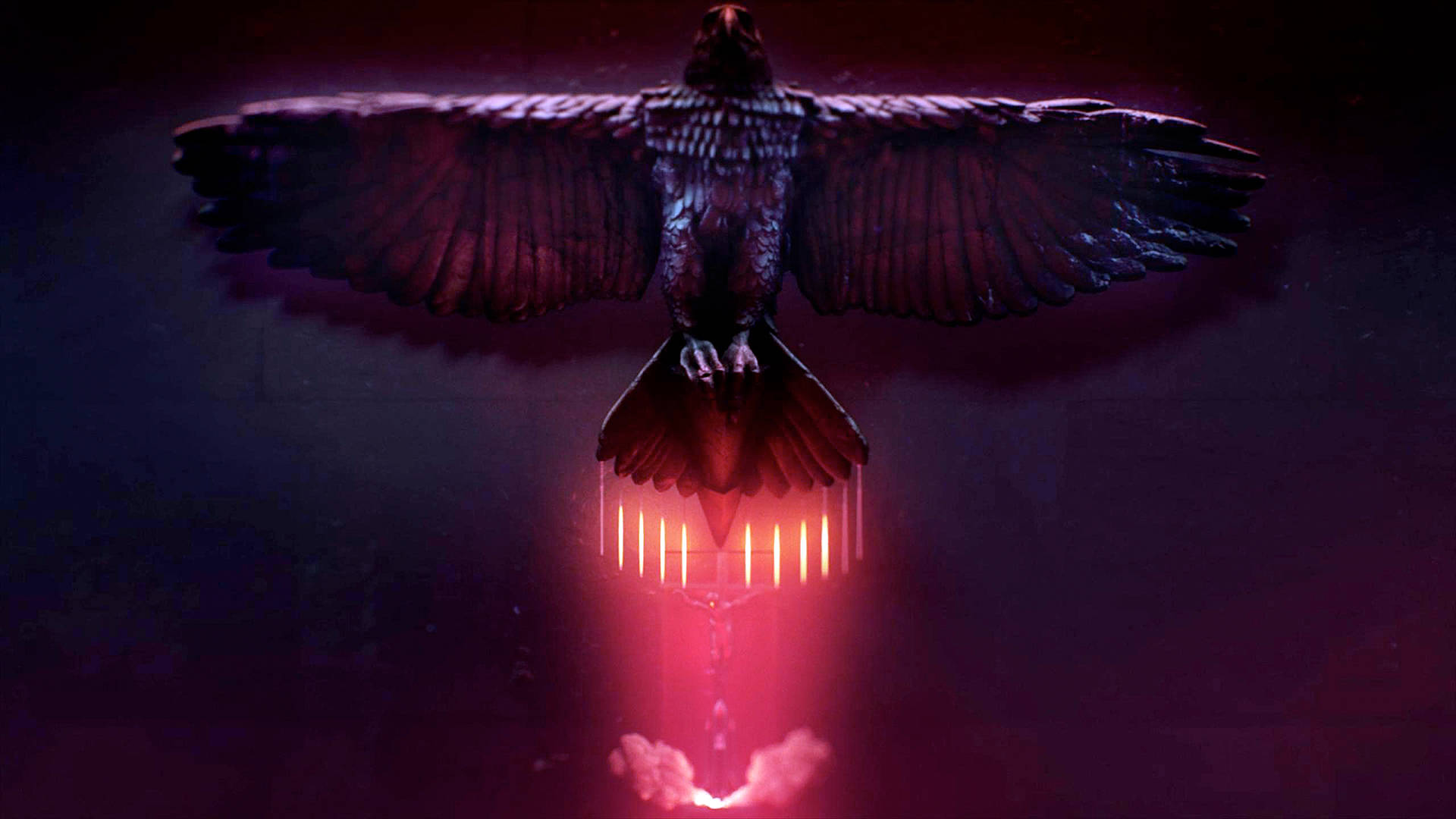 Gods 桌布 壁紙 — 一隻深色鳥張開翅膀，在陰暗空間中盤旋於發出怪異光芒的紅色蠟燭上方。