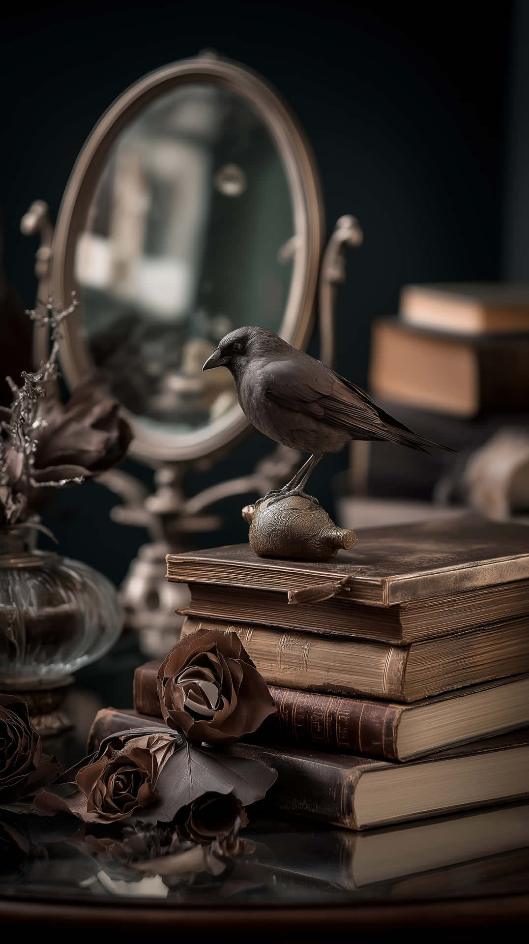 Raven and Vintage Ornaments on Books in Dim Light 壁紙 — 一隻深色鳥棲息在一堆舊書上，旁邊是復古鏡子和乾燥玫瑰，營造出憂鬱的靜物畫面。