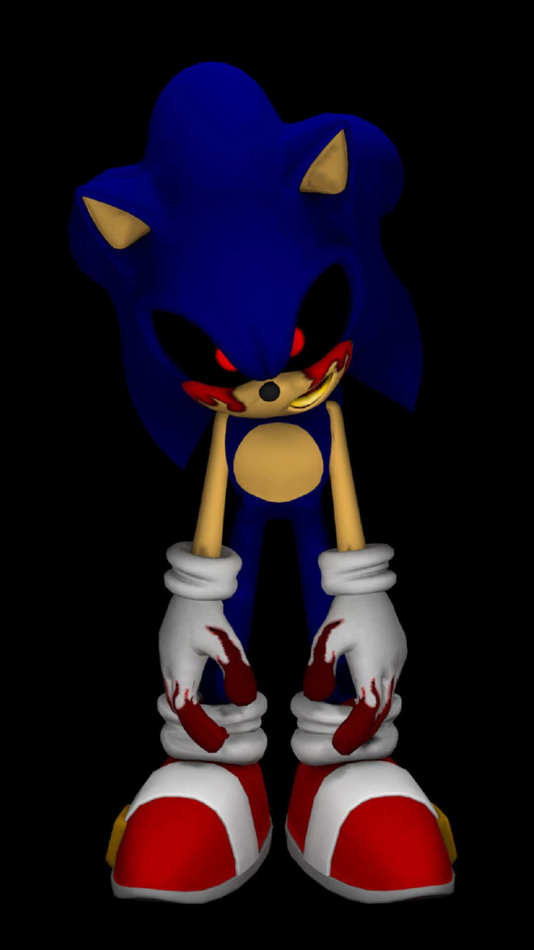 Sonic Exe 桌布 壁紙 — 一隻深藍色刺蝟，擁有發光的紅色眼睛和沾滿血跡的手套，站在黑色背景前。