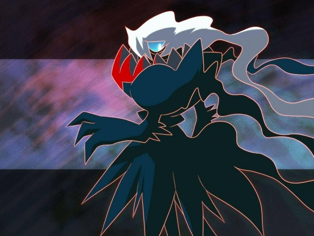 Dark Purple Anime 桌布 壁紙 — 一隻深藍色動漫生物，擁有發光的藍色眼睛和白色頭髮，站在旋轉的紫色和黑色宇宙背景前。