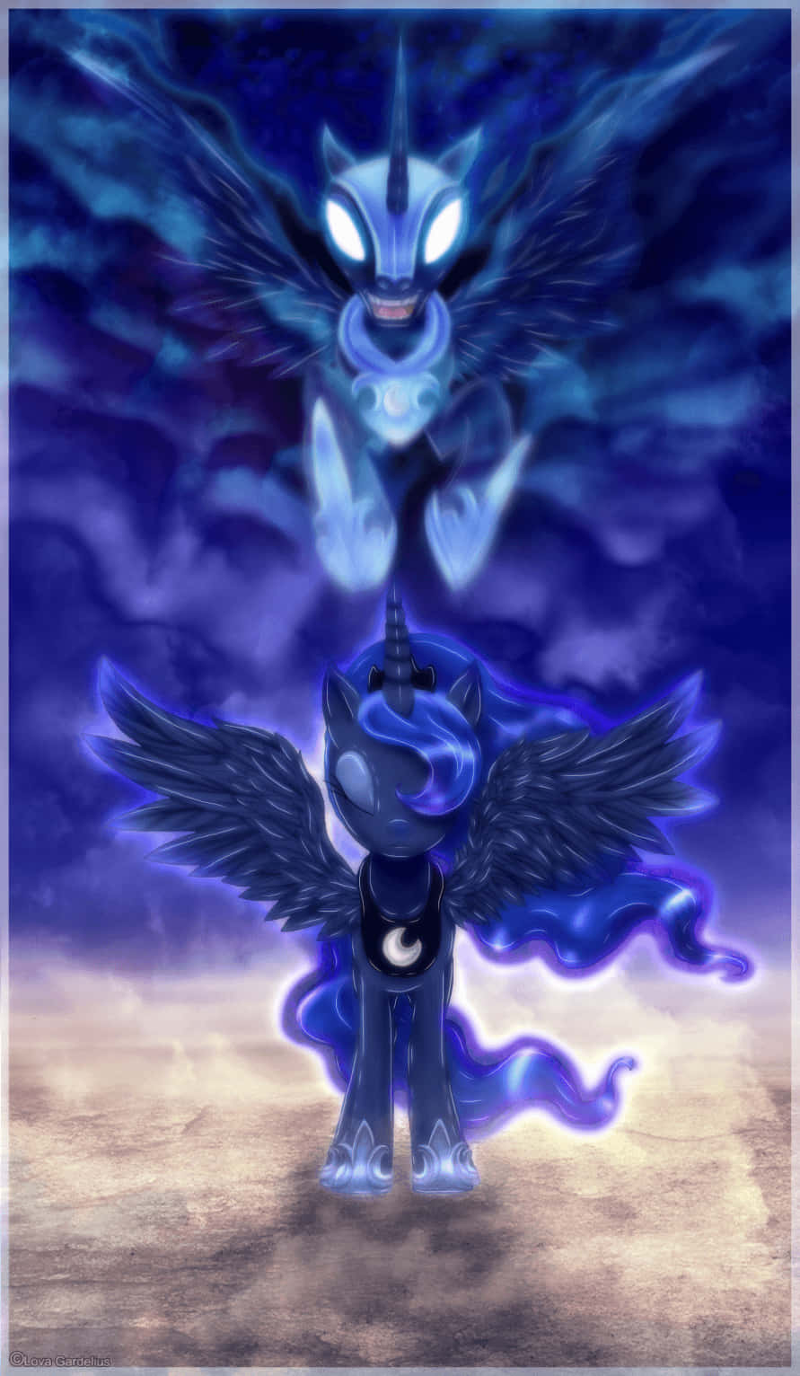 Nightmare Moon 桌布 壁紙 — 一隻深藍色有翼小馬，眼睛發光，站在一個幽靈般的有翼獨角獸面前，背景是風暴黃昏的天空。
