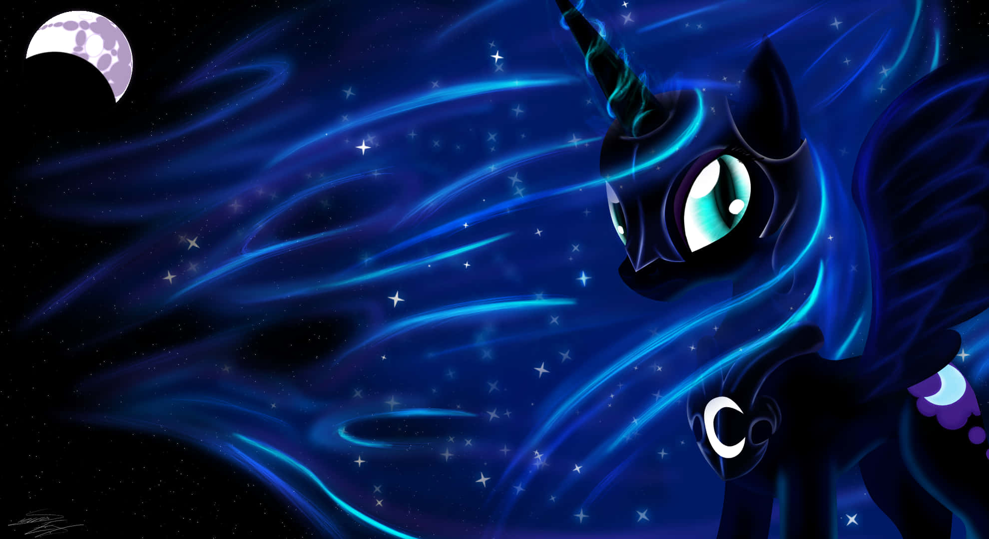 Nightmare Moon 桌布 壁紙 — 一隻深藍色獨角獸，擁有發光的青色眼睛和角，站在星空夜空下，伴隨著新月和旋轉的宇宙能量。