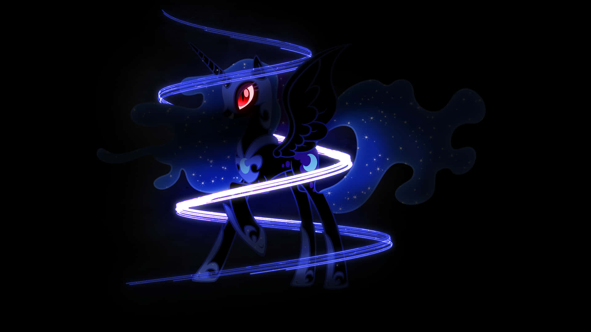 Nightmare Moon 桌布 壁紙 — 一隻深藍色發光的小馬，擁有紅色眼睛和翅膀，被旋轉的霓虹能量軌跡包圍，背景為黑色。