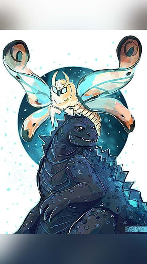 Godzilla Comic 桌布 壁紙 — 一隻深藍色的哥吉拉站在發光的月亮下，一隻發光眼睛的半透明飛蛾狀生物在他上方盤旋。