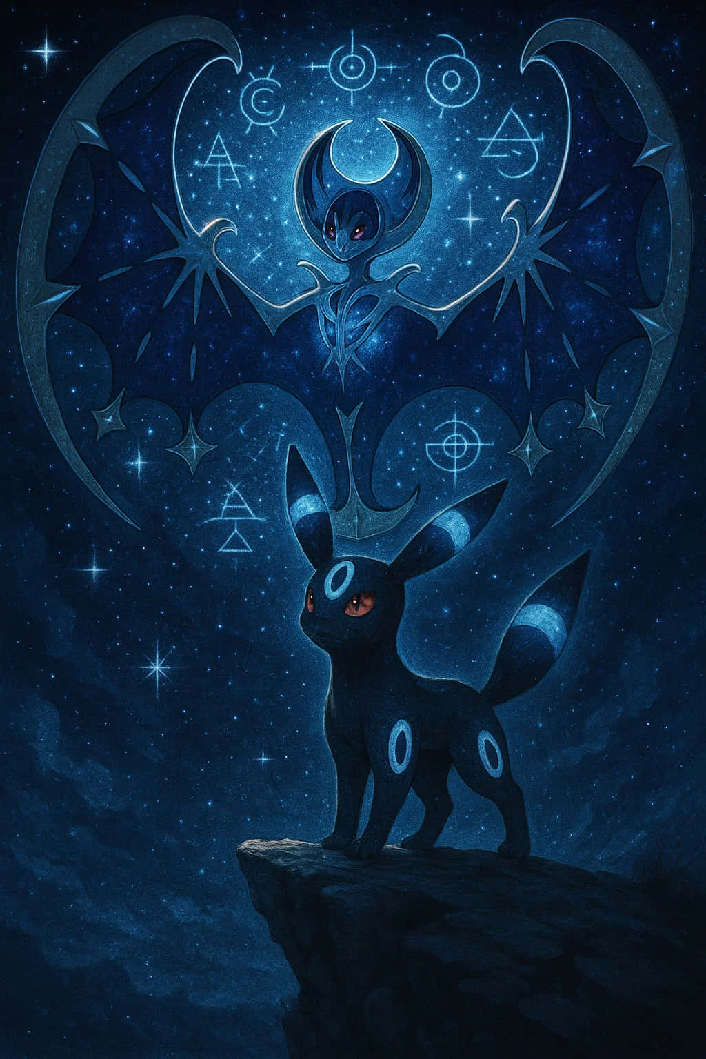 Umbreon Pokemon 4K HD Wallpaper WEBP MOBILE Backgrounds 壁紙 — 一隻深藍色的月伊布站在懸崖上，星空下，上方有一個發光的天上月伊布，周圍環繞著神秘符號。