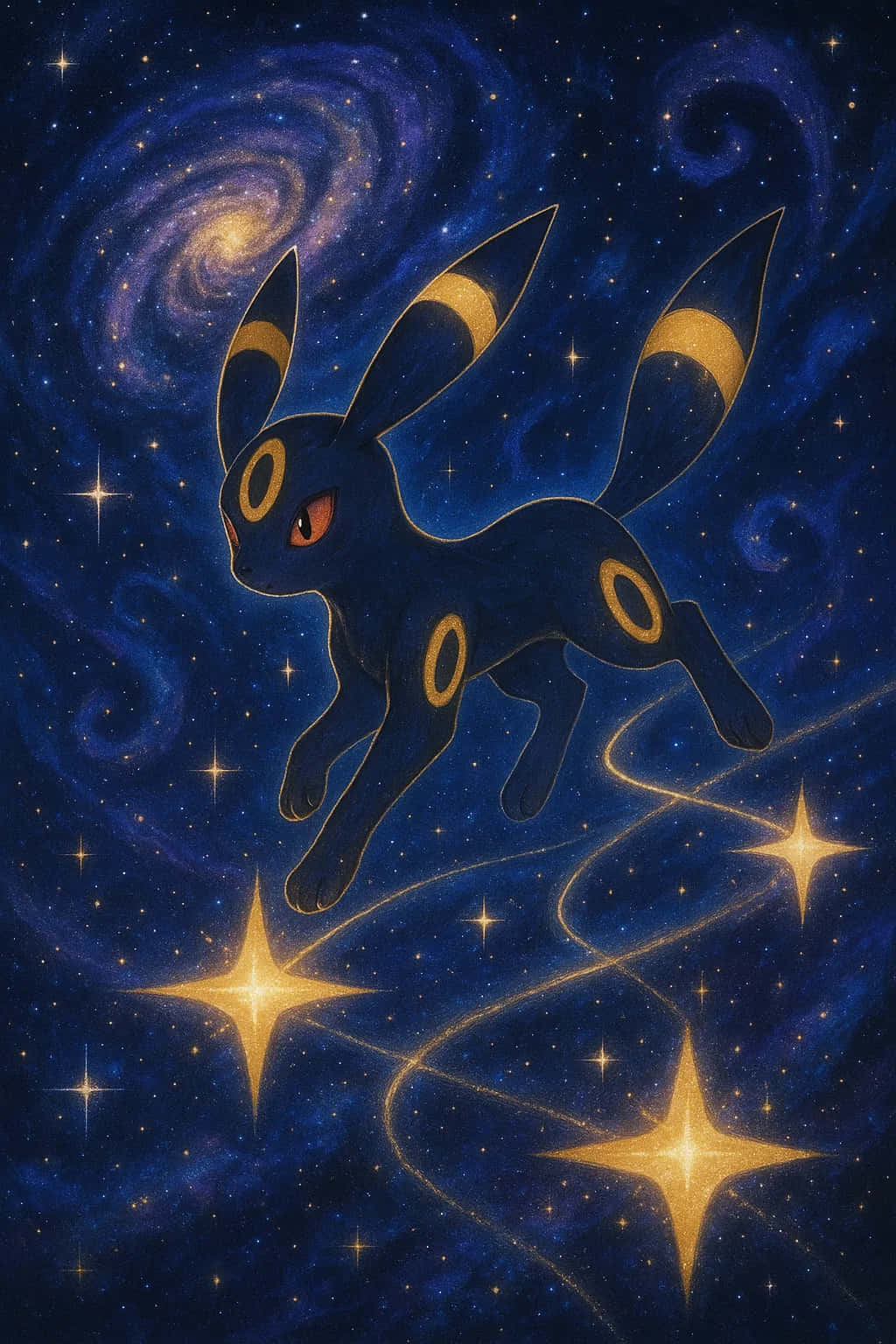 Umbreon Pokemon 4K HD Wallpaper WEBP MOBILE Backgrounds 壁紙 — 一隻深藍色的月伊貝帶著發光的黃色環圈，跳過一個充滿明亮星星和宇宙塵埃的旋轉星系。