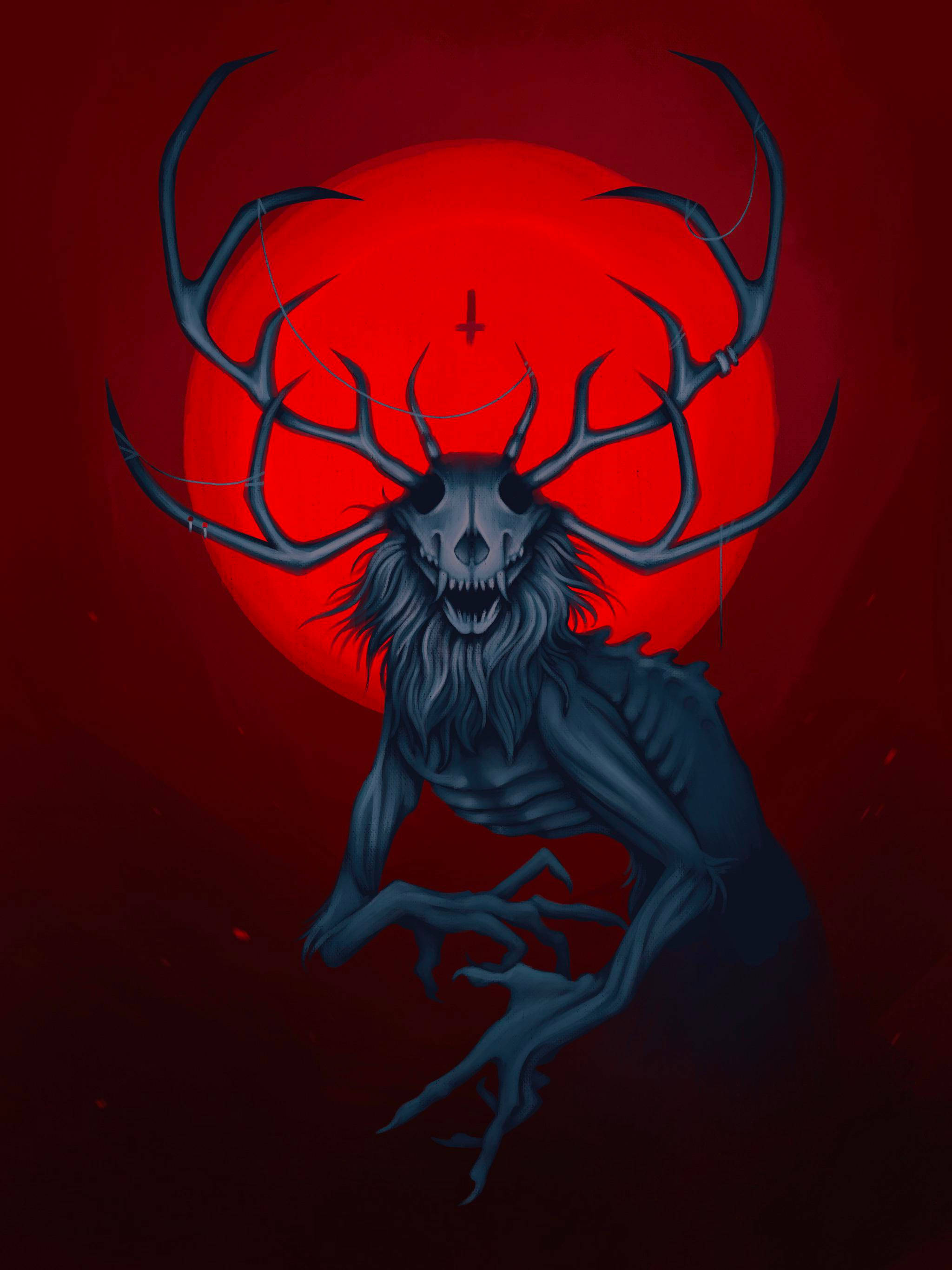 Wendigo 桌布 壁紙 — 一隻深藍色骷髏鹿形怪物，擁有巨大的鹿角，在發光的紅色滿月背景下向前猛撲。