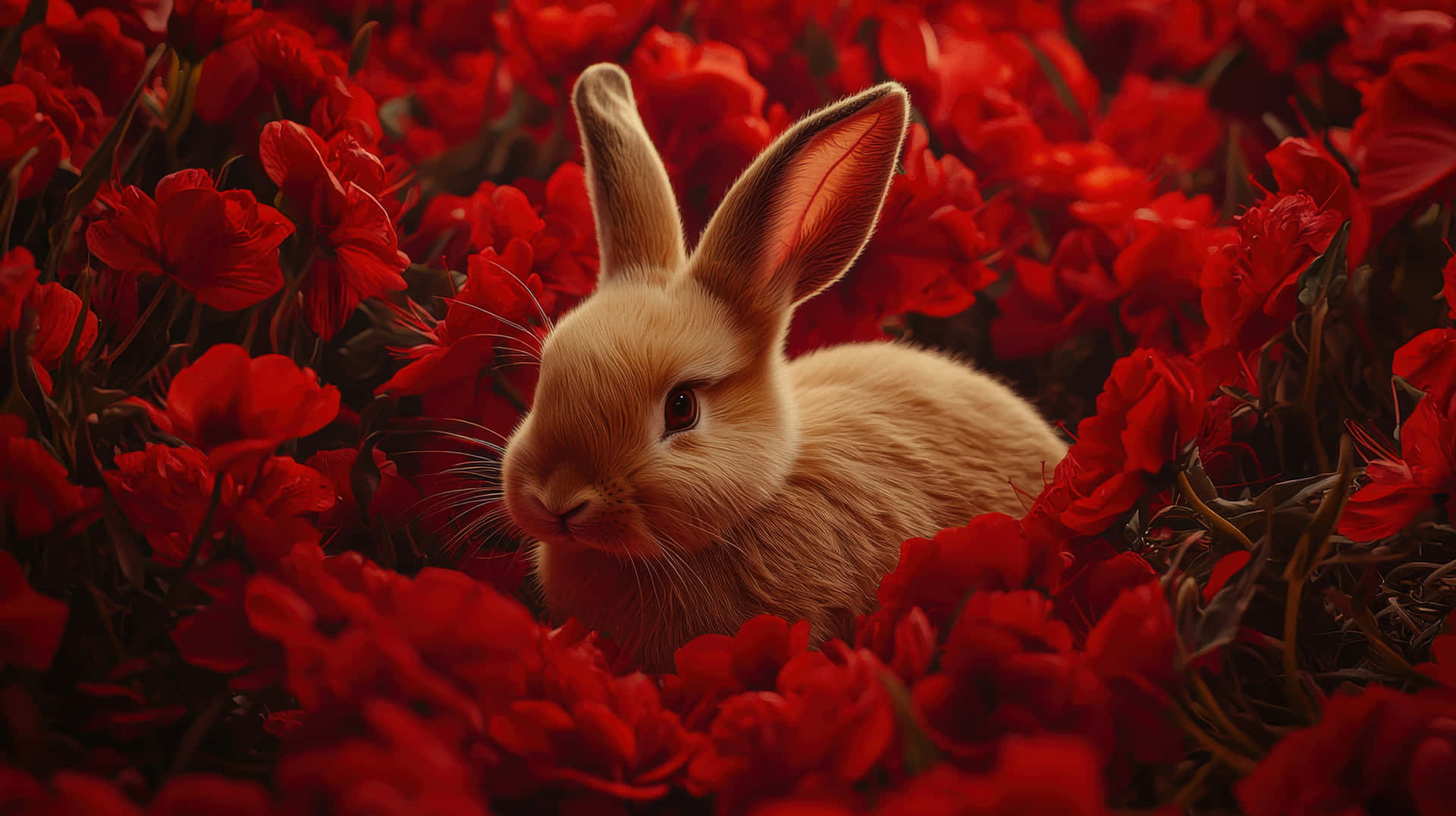 Adorable fluffy bunny nestled among vibrant red flowers in a garden 壁紙 — 一隻淺棕色的兔子豎起耳朵，坐在茂盛花田的鮮紅色罌粟花之間。