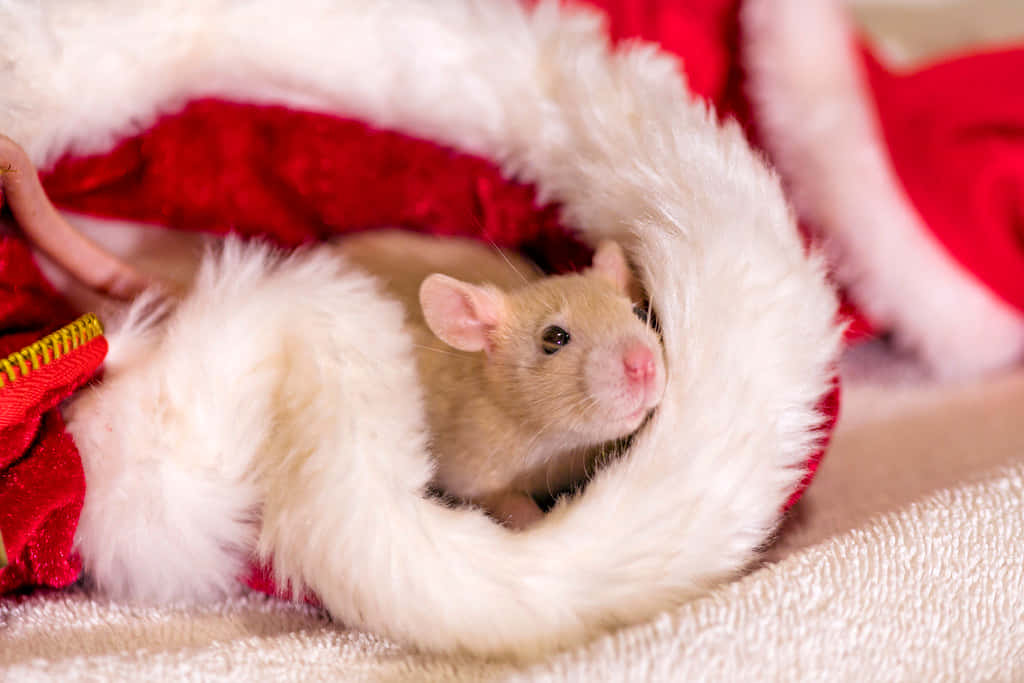 Rat 桌布 壁紙 — 一隻淺棕色的小老鼠好奇地從紅白毛茸茸的聖誕帽內探出頭來。