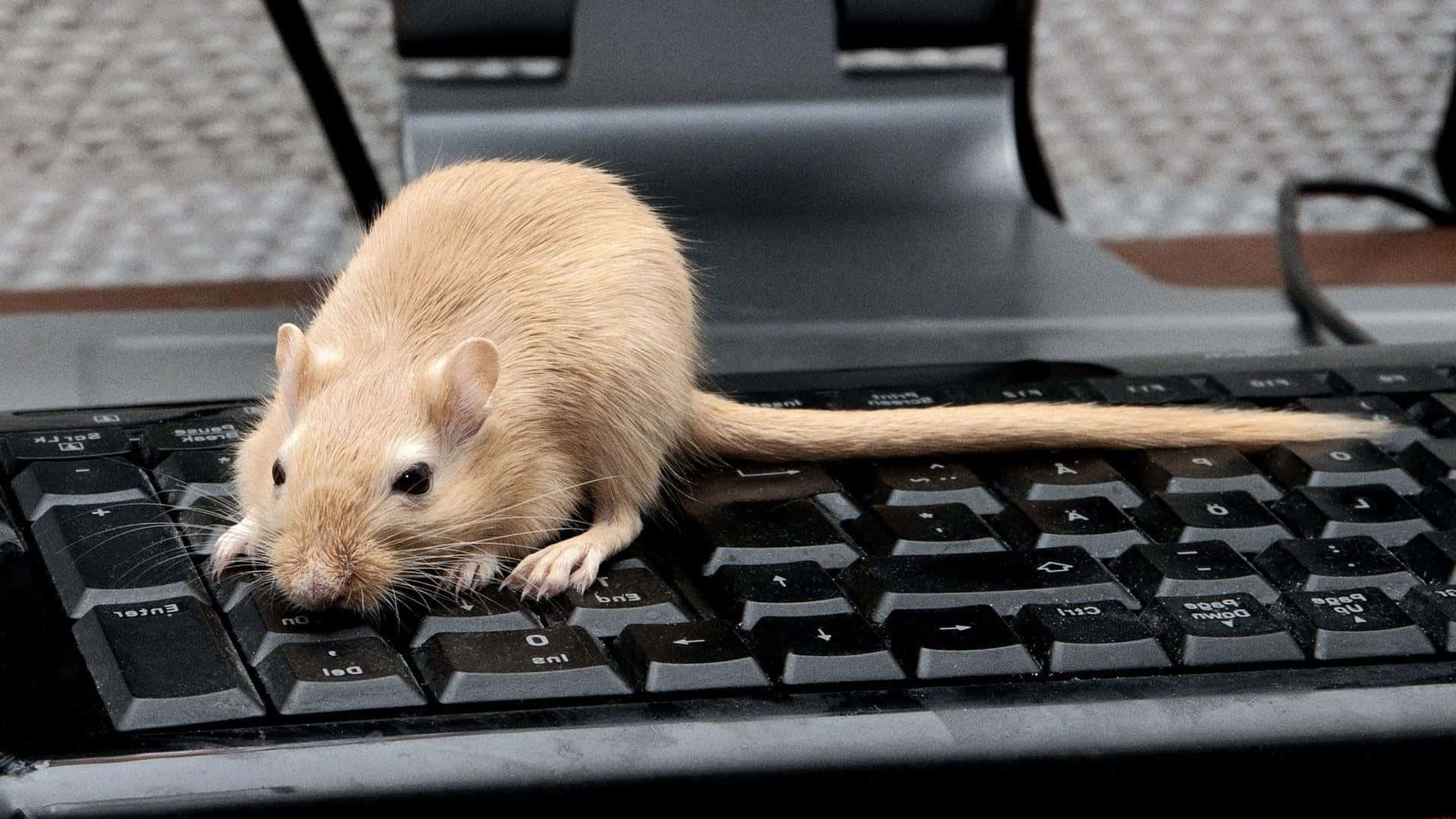 Gerbil 桌布 壁紙 — 一隻淺棕色長尾沙鼠好奇地坐在黑色電腦鍵盤上。