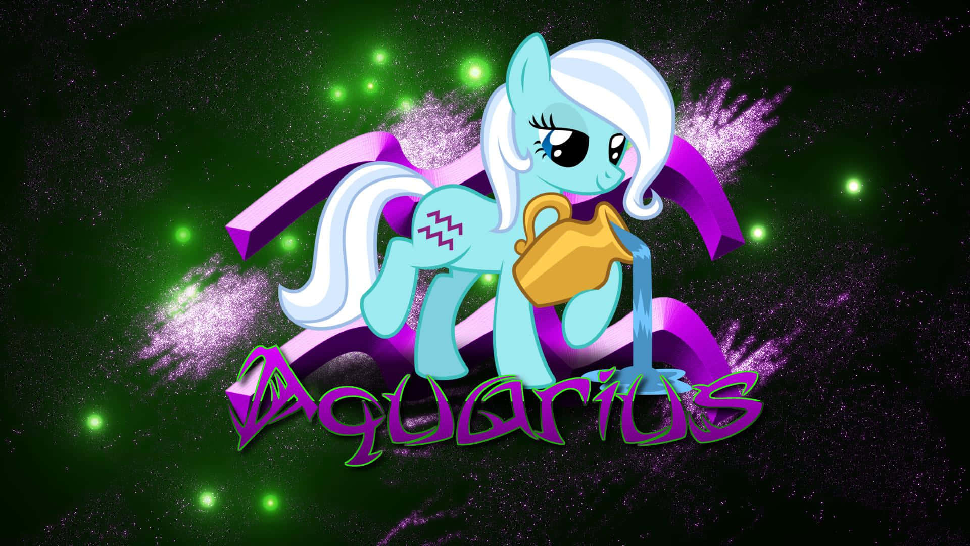aquarius 桌布 壁紙 — 一隻淺藍色、白色鬃毛的小馬在宇宙綠色和紫色星空背景下從金色水壺中倒水。