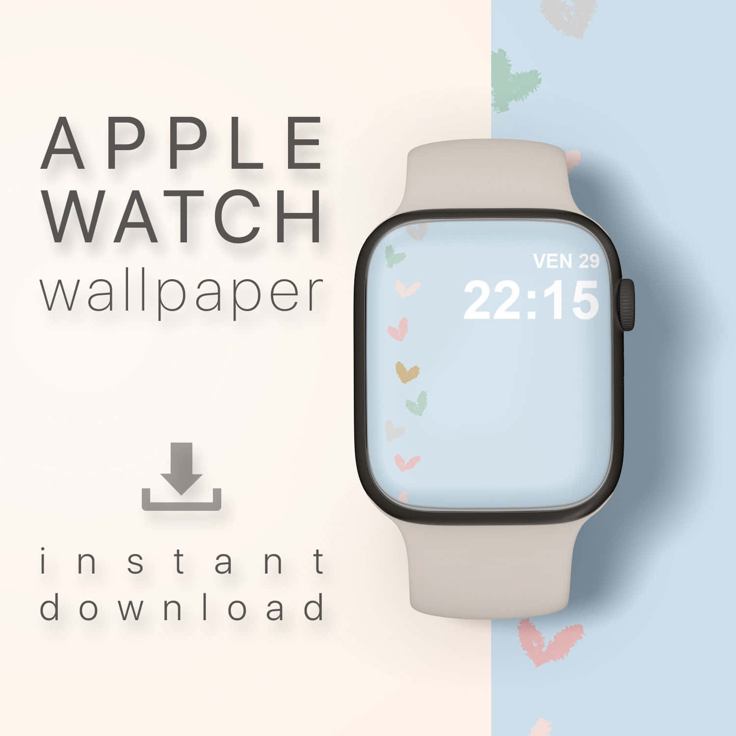 Apple Watch配有心形桌布，在分為兩部分的背景上顯示22:15。 — Apple Watch 動態 壁紙