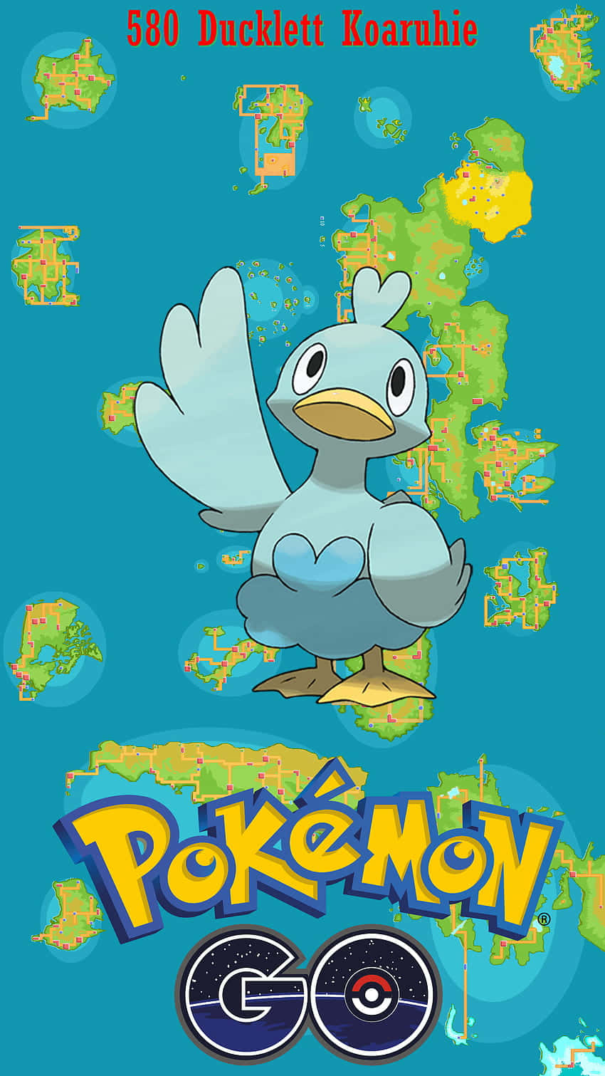 寶可夢 桌布 壁紙 — 一隻淺藍色鴨子狀的寶可夢叫Ducklett，在青綠色背景上拍動翅膀，周圍有漂浮的地圖碎片和Pokémon GO標誌。