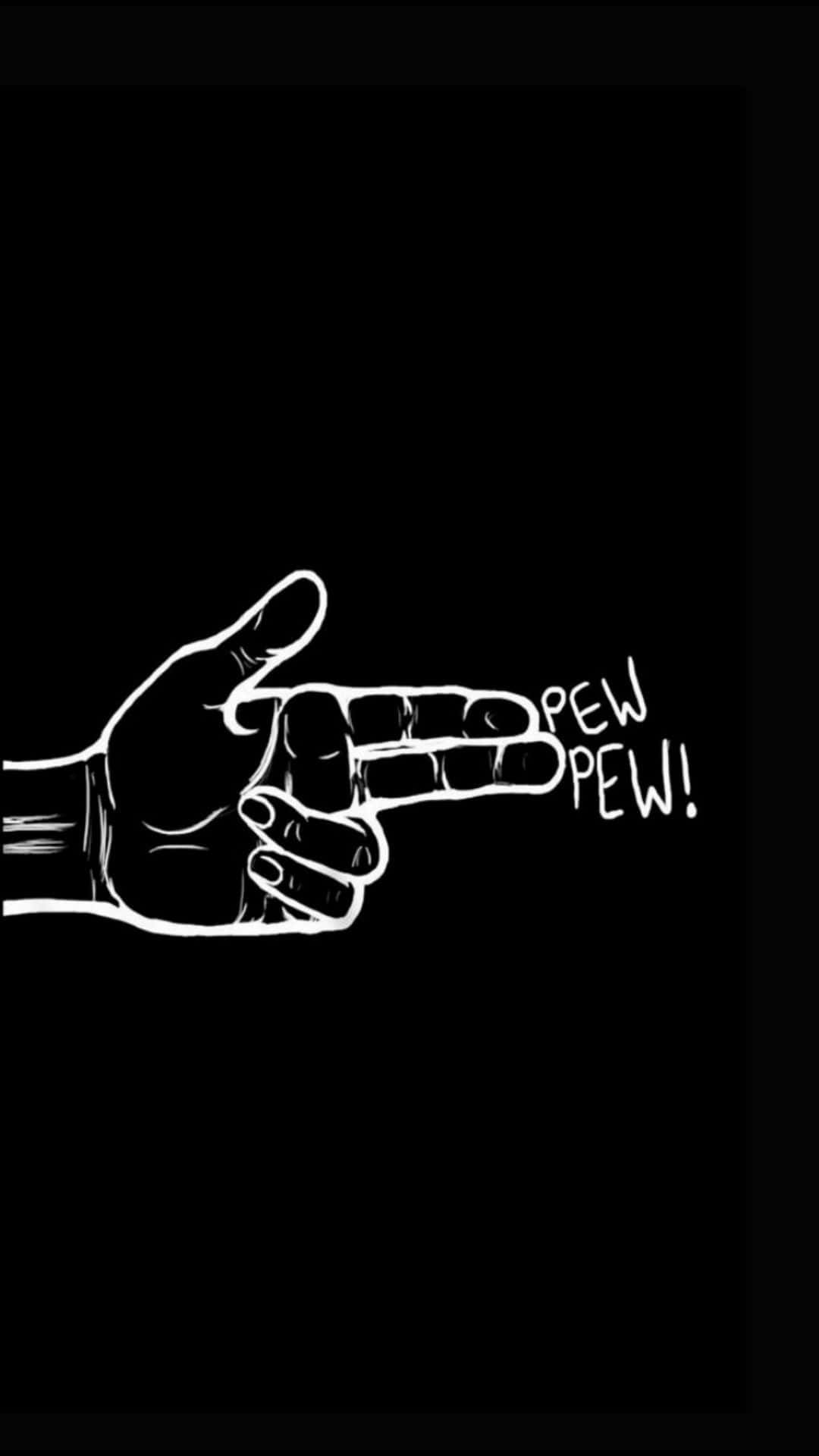 Aesthetic Black And White 桌布 壁紙 — 一隻清晰的白手做出射擊手勢，帶有 'PEW PEW!' 文字，背景為黑色。