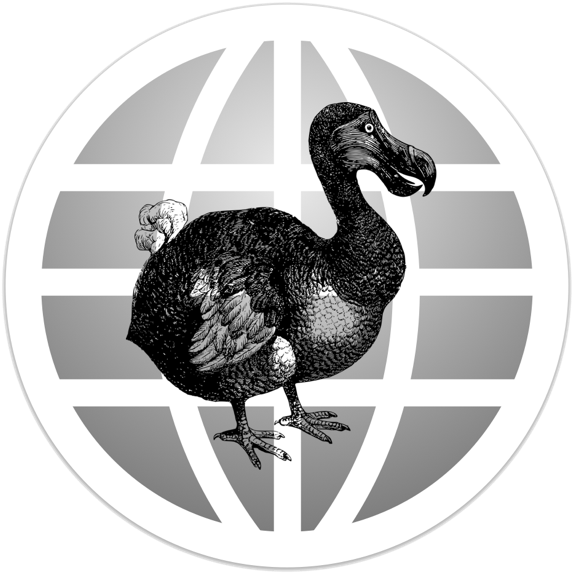 鳥 桌布 壁紙 — 一隻渡渡鳥站在風格化地球儀上的詳細黑白插圖，帶有幾何陰影。