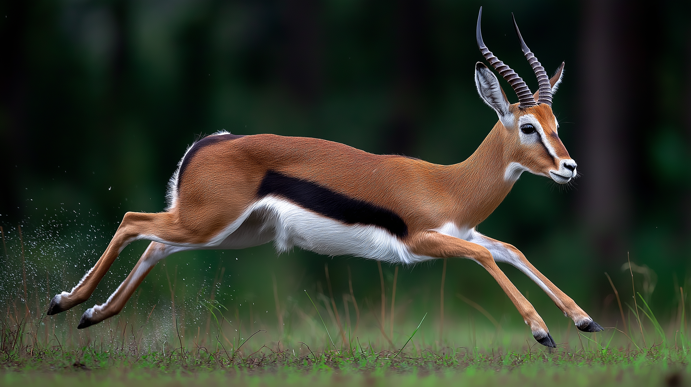 Antelope 桌布 壁紙 — 一隻湯氏瞪羚優雅地跳過高草，蹄子揚起灰塵，背景是模糊的綠色森林。