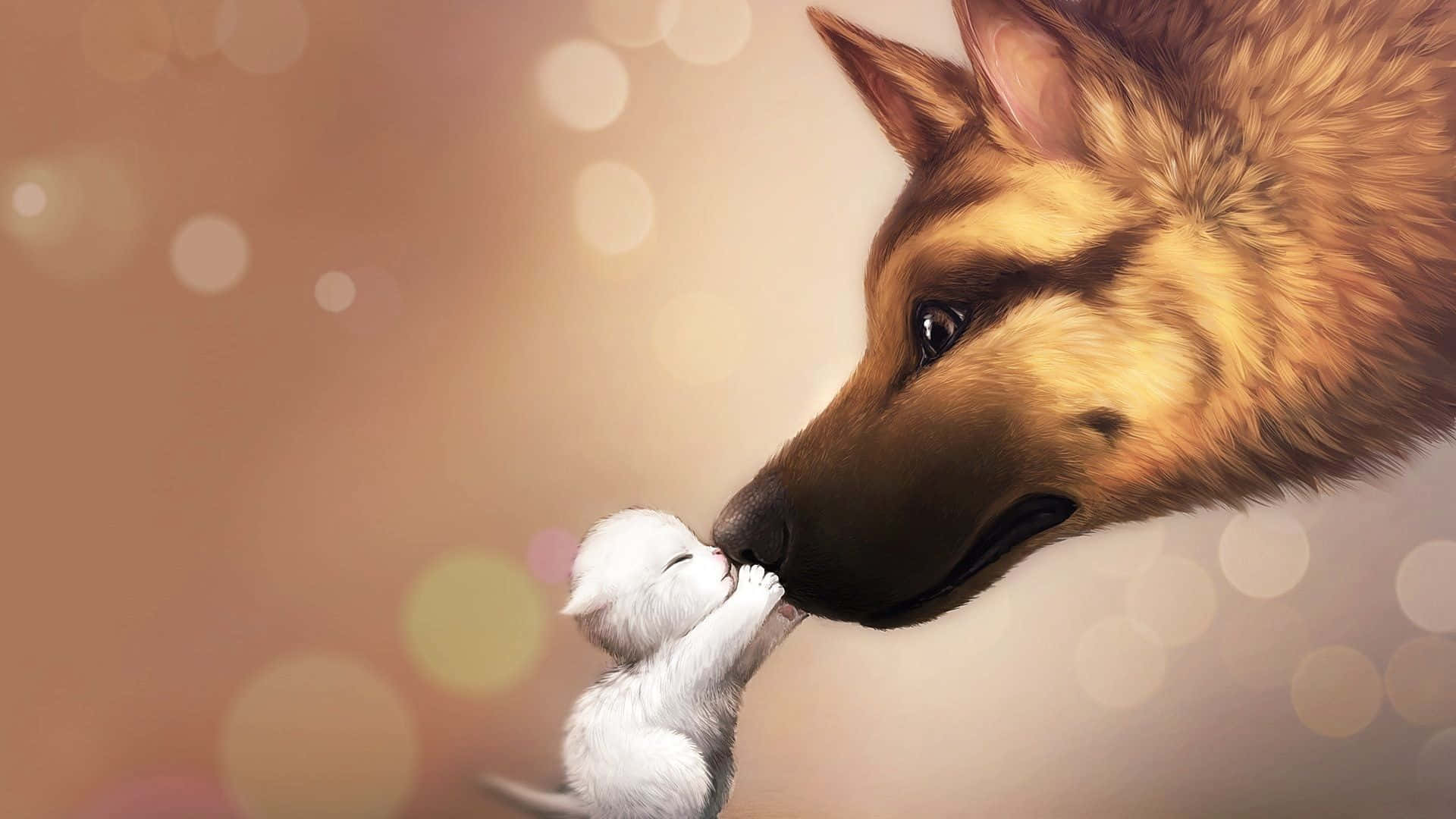 狗 桌布 壁紙 — 一隻溫柔的德國牧羊犬用鼻子輕推一隻白色小貓咪，背景是柔和散景和溫暖金色燈光。