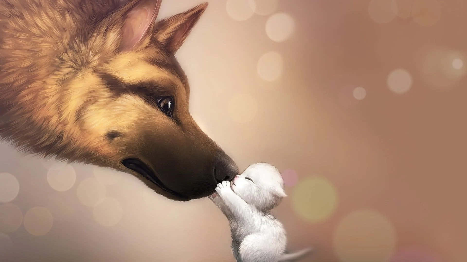 動漫狗 桌布 壁紙 — 一隻溫柔的德國牧羊犬用鼻子輕蹭一隻細小的白色小貓，背景是柔和散景和溫暖的金色燈光。