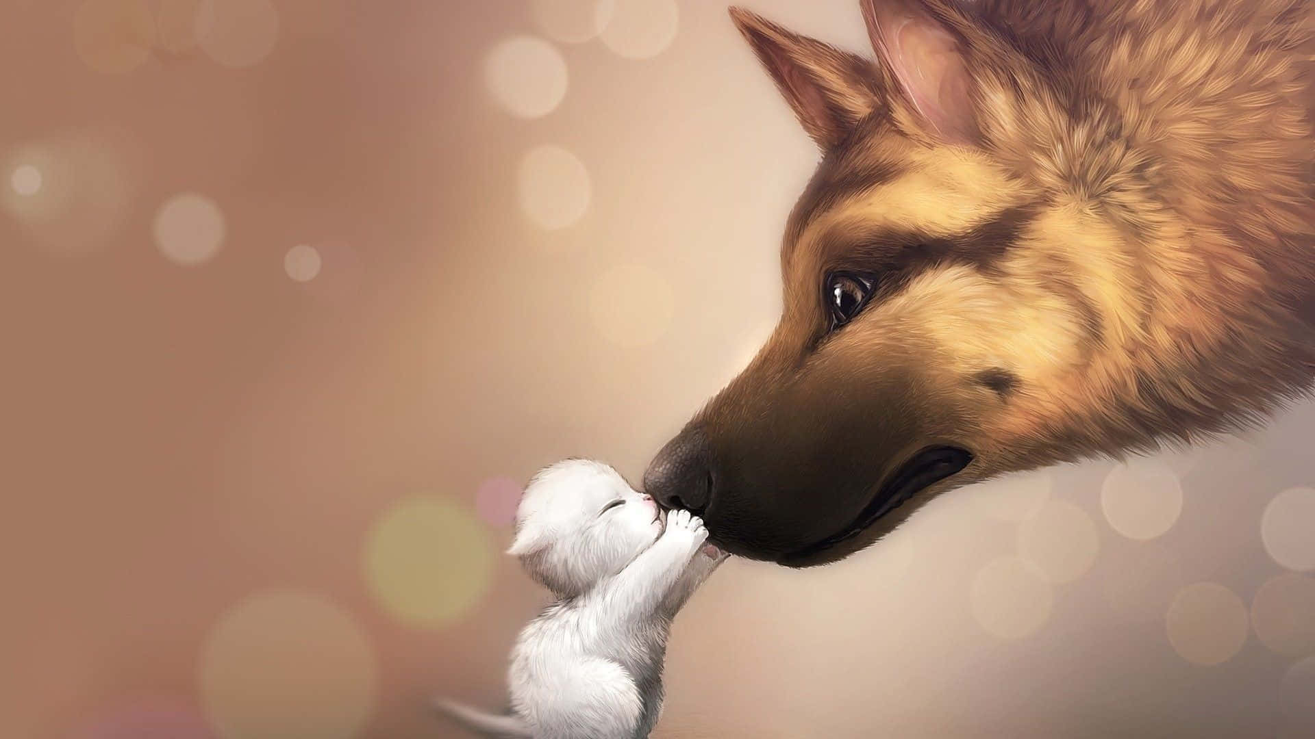 Cute Cartoon Dog 桌布 壁紙 — 一隻溫柔的德國牧羊犬用鼻子輕蹭一隻白色小貓咪，背景是柔和散景和溫暖金色燈光。