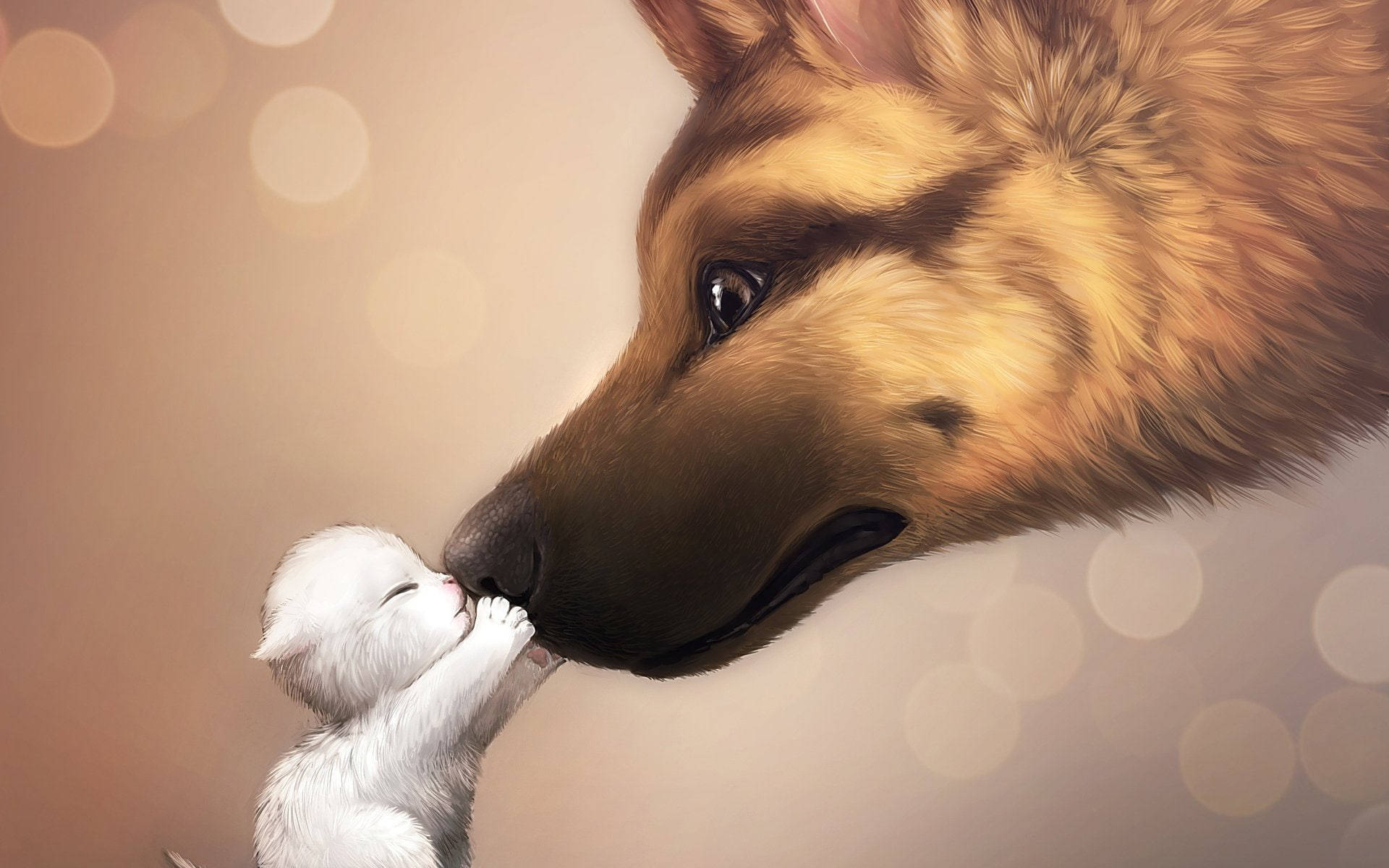 可愛的狼 桌布 壁紙 — 一隻溫柔的德國牧羊犬用鼻子輕蹭一隻白色小貓咪，背景是柔和的散景。