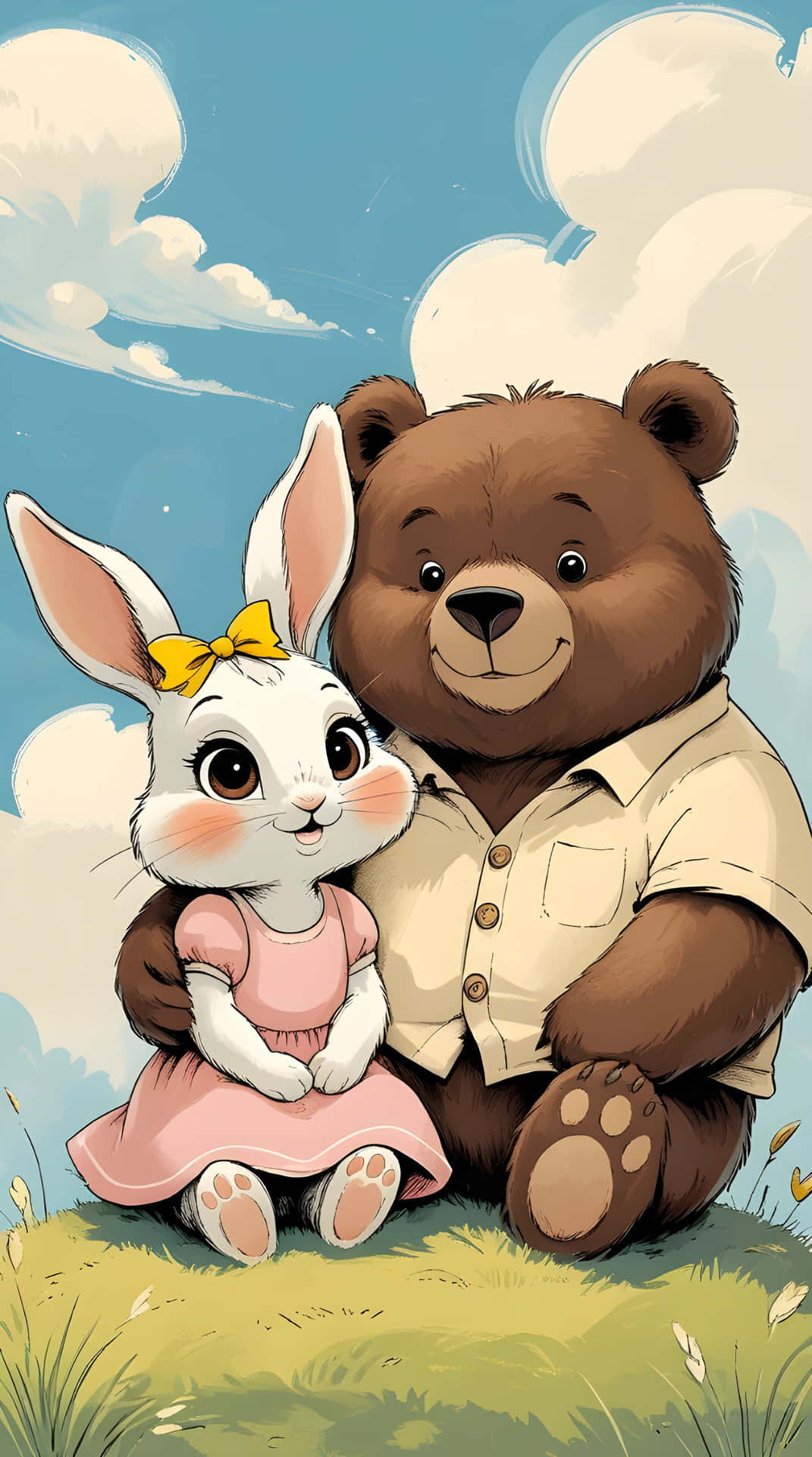 Brown & cony 壁紙 — 一隻溫柔的棕色熊穿著米色襯衫，在柔和的藍天和蓬鬆雲朵下，溫暖地擁抱一隻穿著粉紅色連衣裙的白兔。
