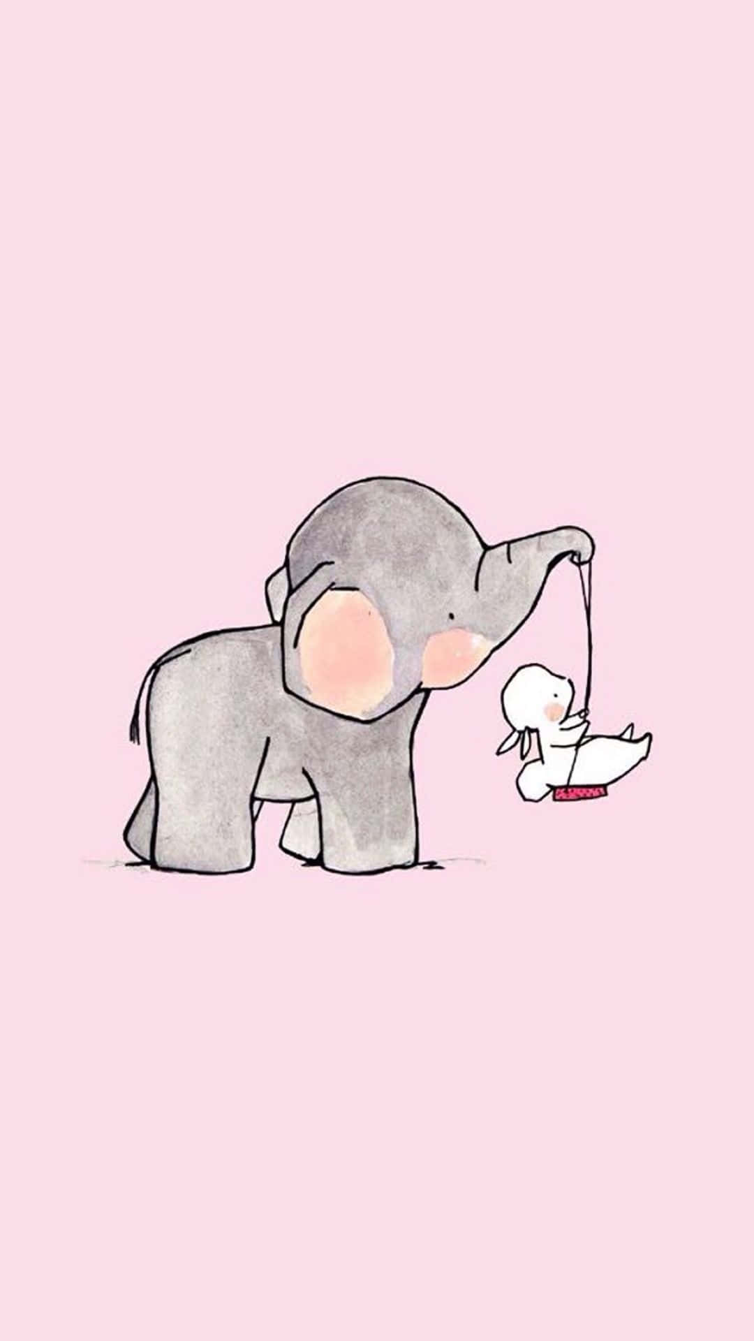 Kawaii Elephant 桌布 壁紙 — 一隻溫柔的水彩大象，粉紅色耳朵，在柔和的粉紅色背景前，愛心地搖晃著紅色鞦韆上的一隻小白兔。