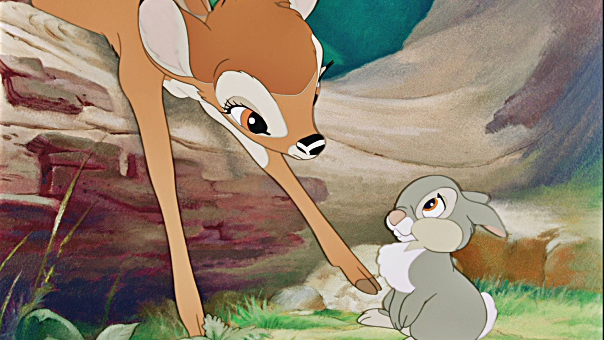 Thumper 桌布 壁紙 — 一隻溫柔的鹿伸出蹄子安慰森林空地中的小兔子。