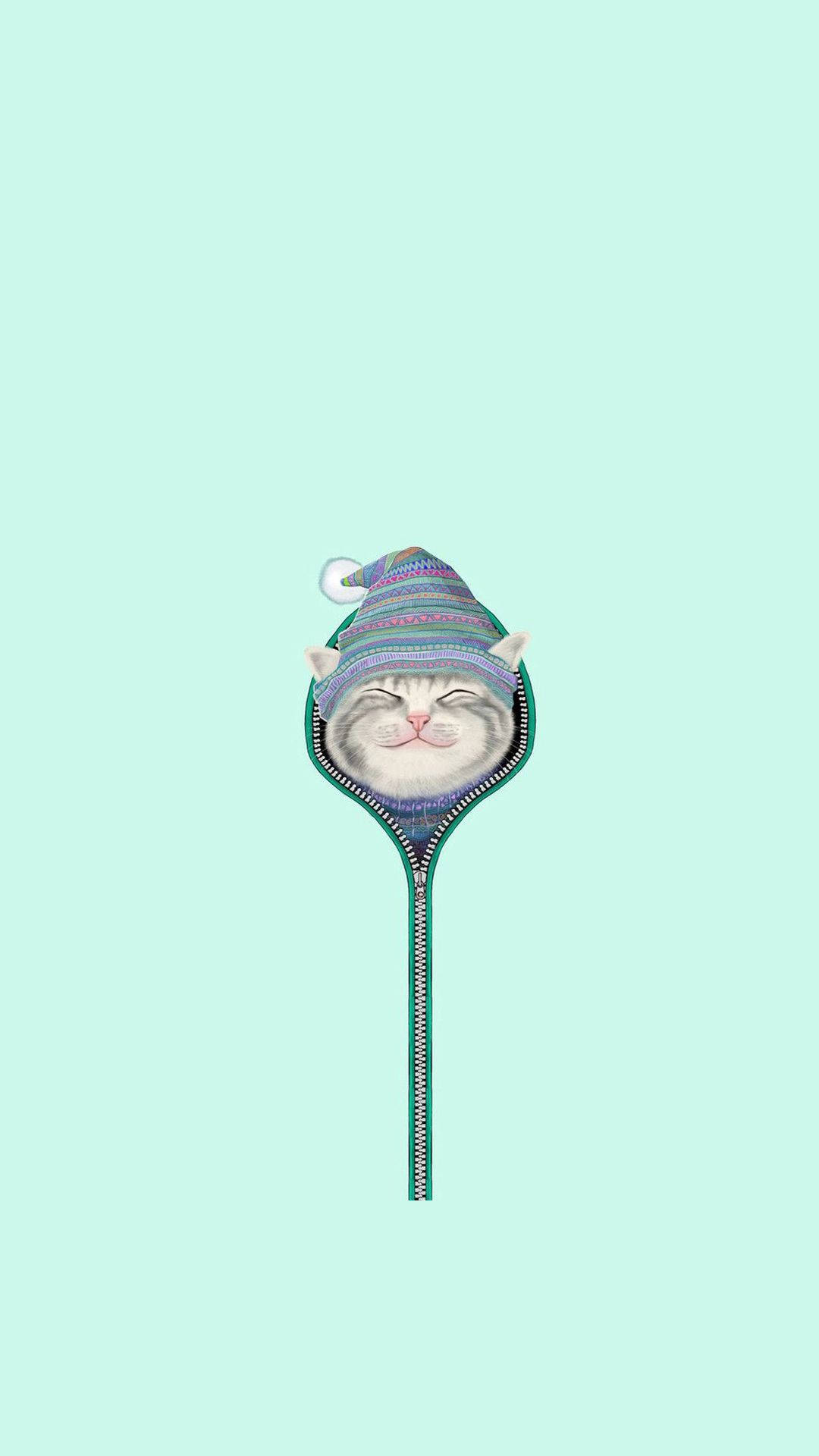 可愛的機器人 桌布 壁紙 — 一隻滿足的貓閉著眼睛，從薄荷綠色背景上的青綠色拉鍊中探出頭來，戴著條紋針織帽。