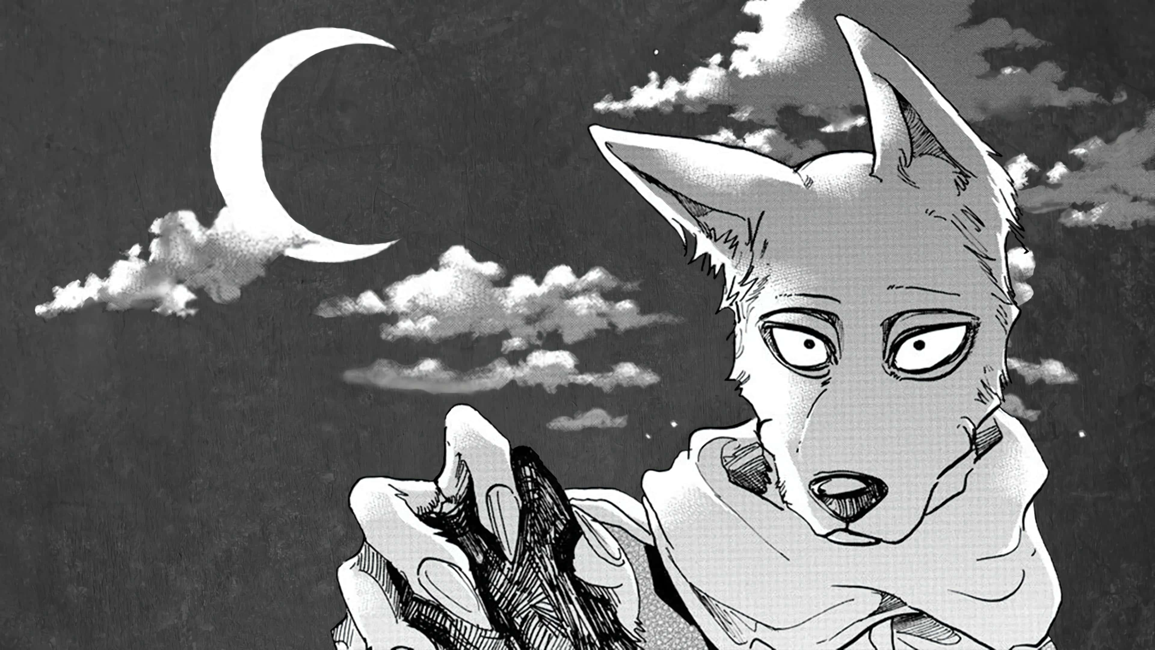 獸星 桌布 壁紙 — 一隻漫畫風格、擬人化的狐狸，眼睛很大，在彎月和雲朵下拿著武器。