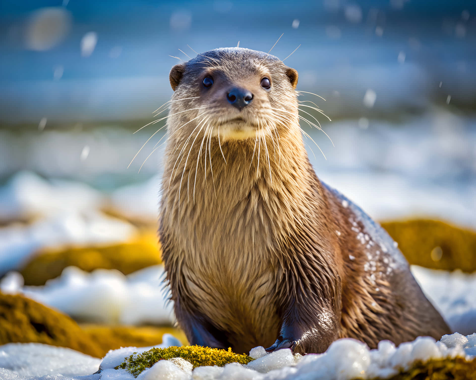 Adorable otter in the snow 壁紙 — 一隻濕漉漉的水獺長著鬍鬚，警覺地坐在雪覆蓋的岩石上，旁邊是模糊的藍色水背景。