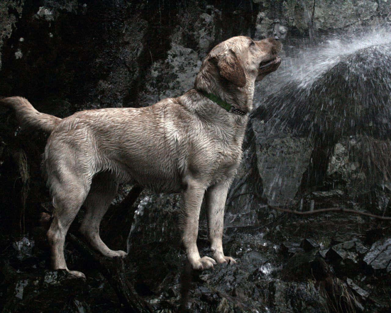 Yellow Labrador 桌布 壁紙 — 一隻濕透的黃色拉布拉多犬警覺地站在岩石懸崖邊的瀑布旁。