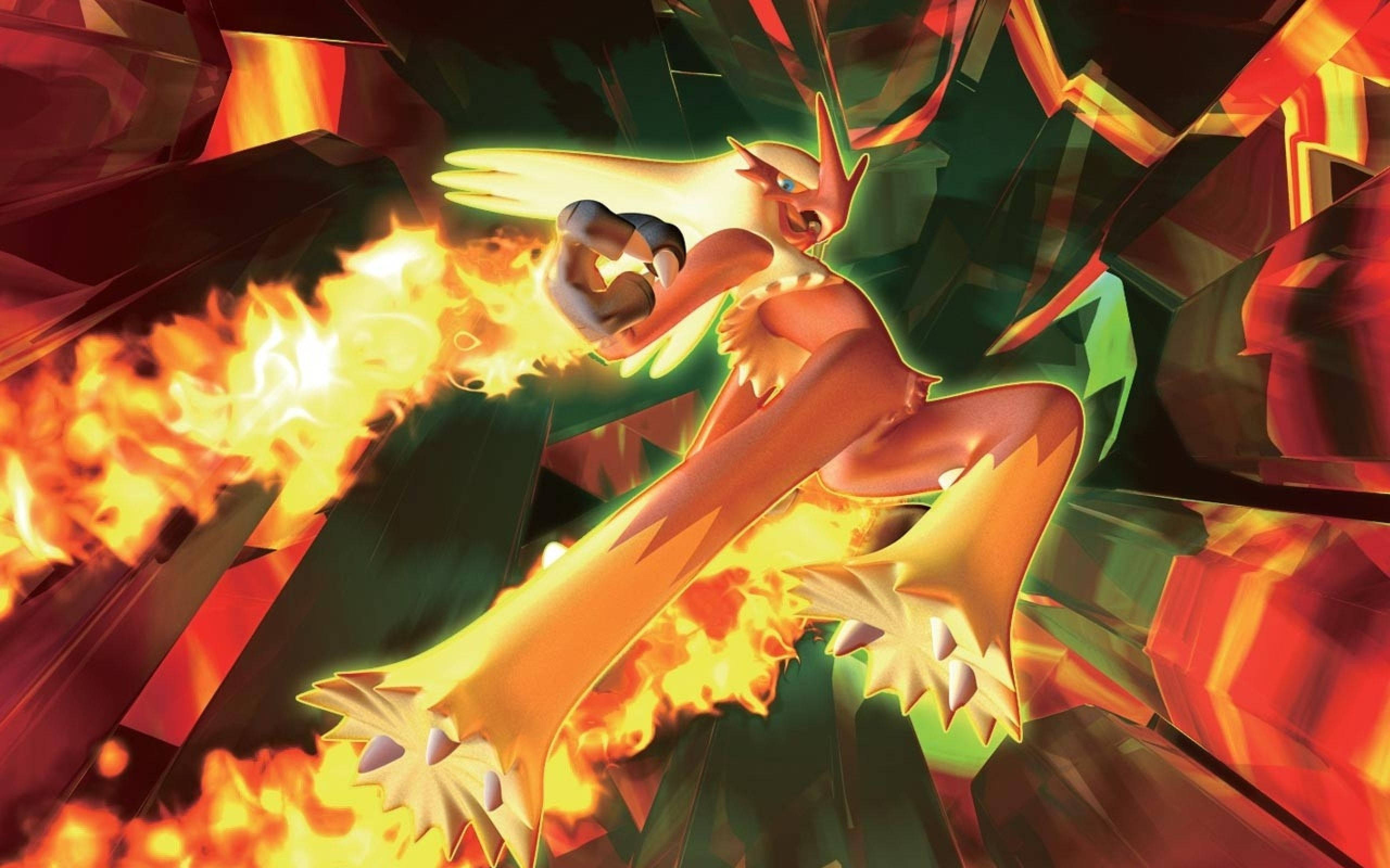 Blaziken 桌布 壁紙 — 一隻火屬性寶可夢在鋸齒狀的紅色和橙色水晶碎片中釋放出熾熱的攻擊，構成一個充滿動感的動畫場景。