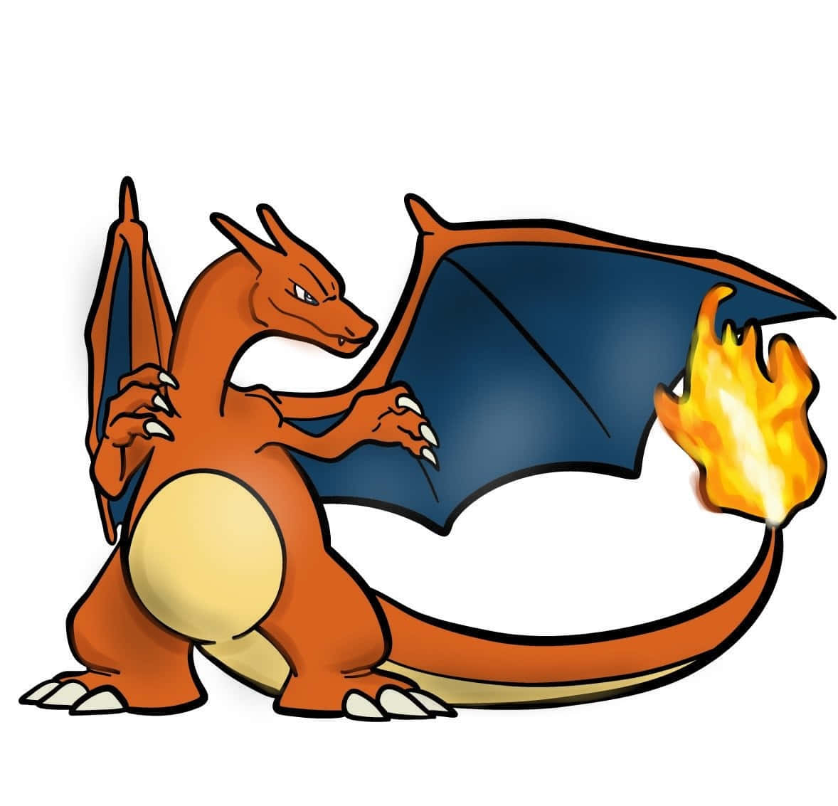 Charizard Pokemon 桌布 壁紙 — 一隻火橙色、擁有藍色翅膀和火焰尾巴的龍，在純白色背景前蓄勢待發。