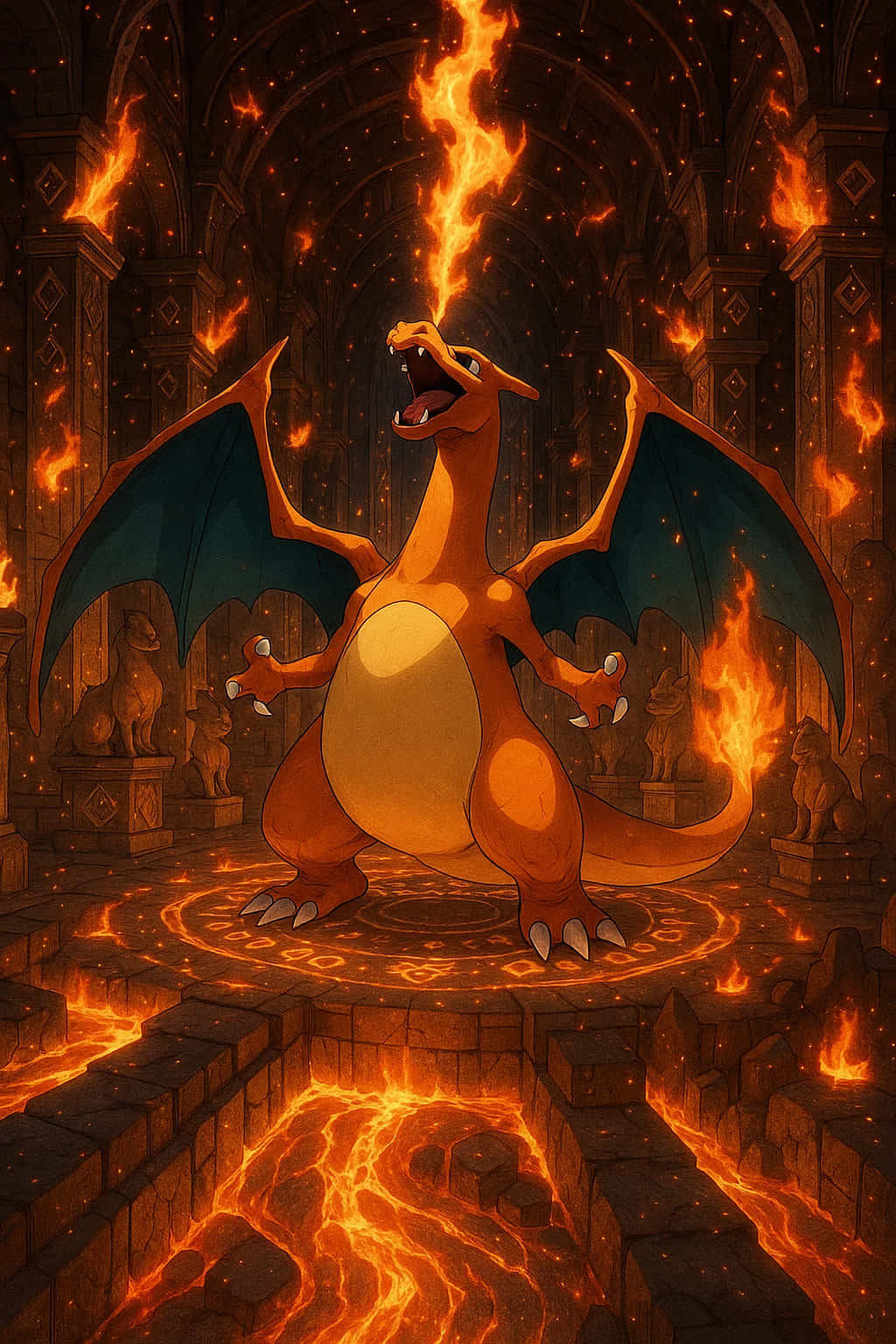 Charizard Pokemon HD Wallpaper WEBP 4K Background Download 壁紙 — 一隻火橙色、深藍色翅膀的巨龍在一個發光的圓形平台上咆哮，周圍是充滿熔岩和火焰的燃燒哥德式大教堂。