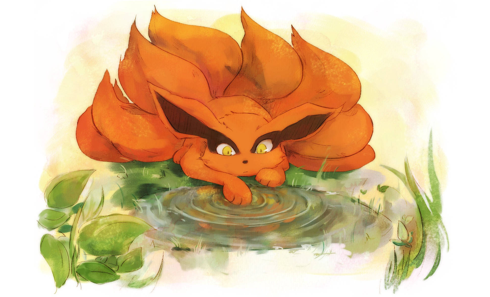 Kurama 桌布 壁紙 — 一隻火橙色九尾狐，擁有發光的黃色眼睛，好奇地凝視著一個被綠色植物環繞的池塘。