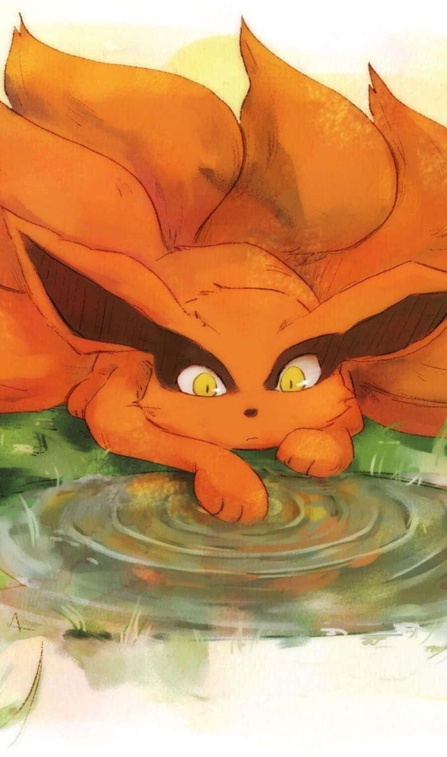 Baby Kurama 桌布 壁紙 — 一隻火橙色九尾狐，有著強烈的黃色眼睛，將爪子放在漣漪的池塘上，以柔和的水彩風格呈現。