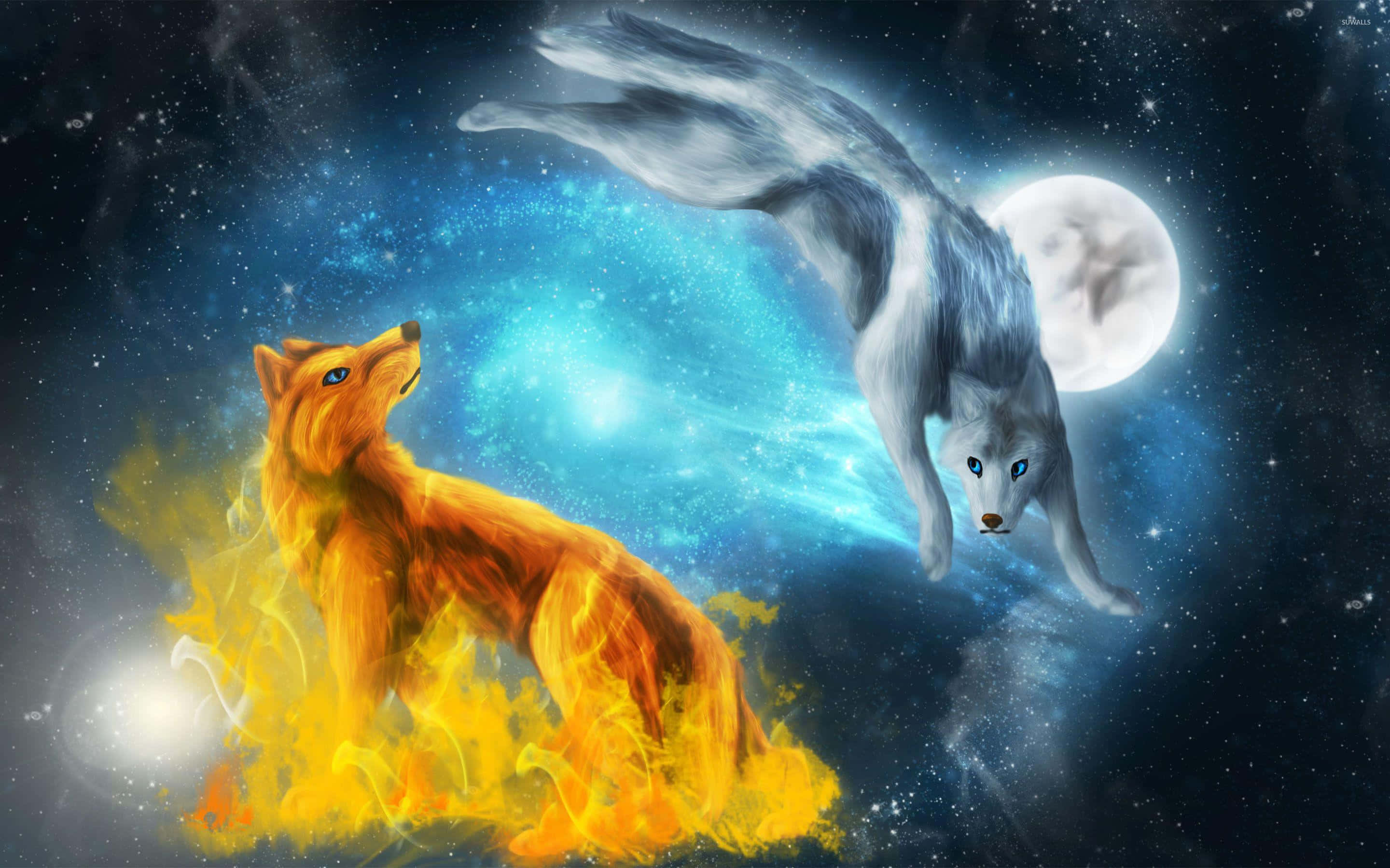 Fire And Ice Wolf 桌布 壁紙 — 一隻火橙色狐狸站在火焰上，而一隻銀狼跳過星光燦爛的宇宙天空，背後有一輪滿月。
