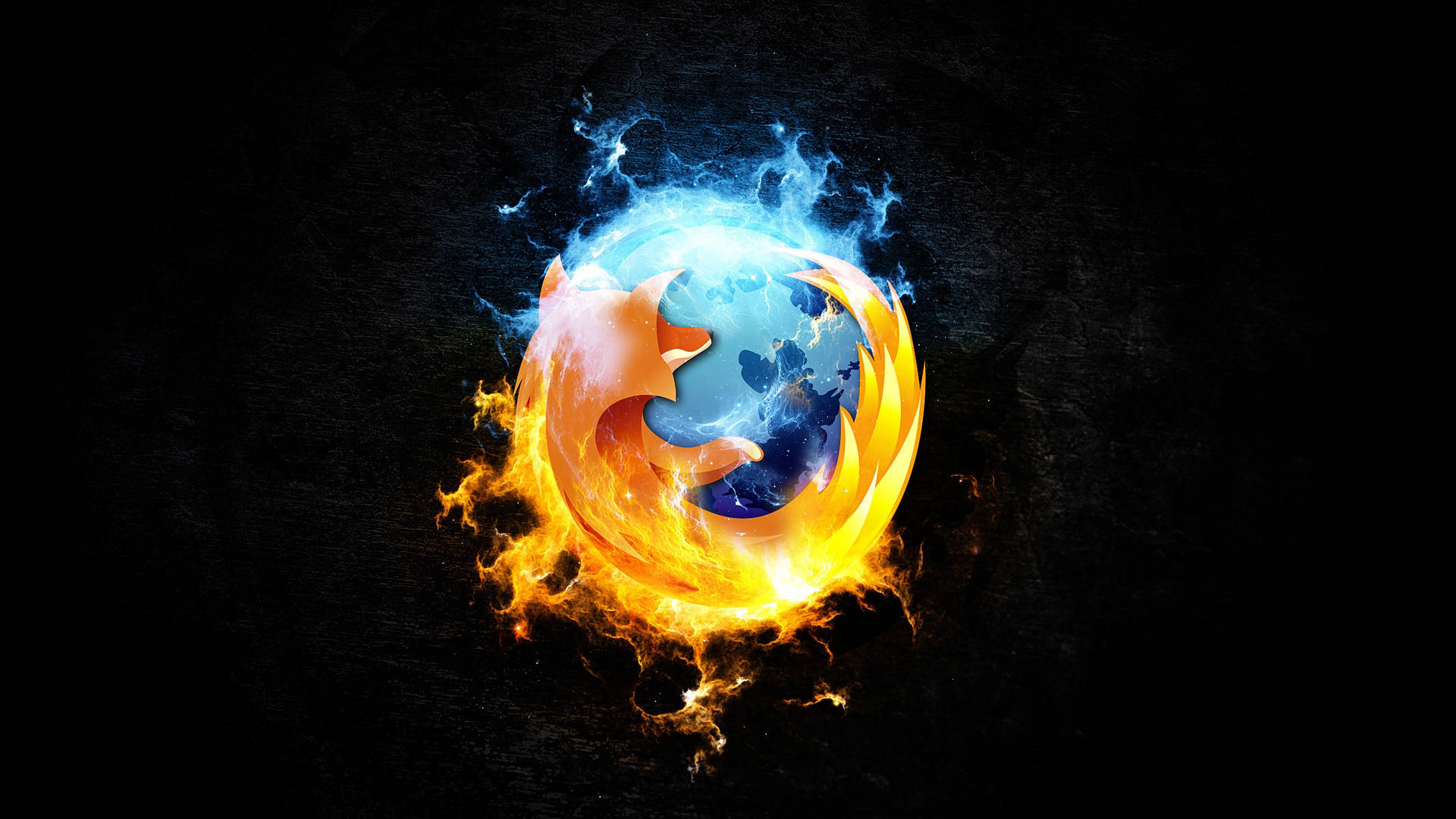 Cool Logos 桌布 壁紙 — 一隻火橙色的狐狸環繞著一個發光的藍色球體，背景是深色紋理。