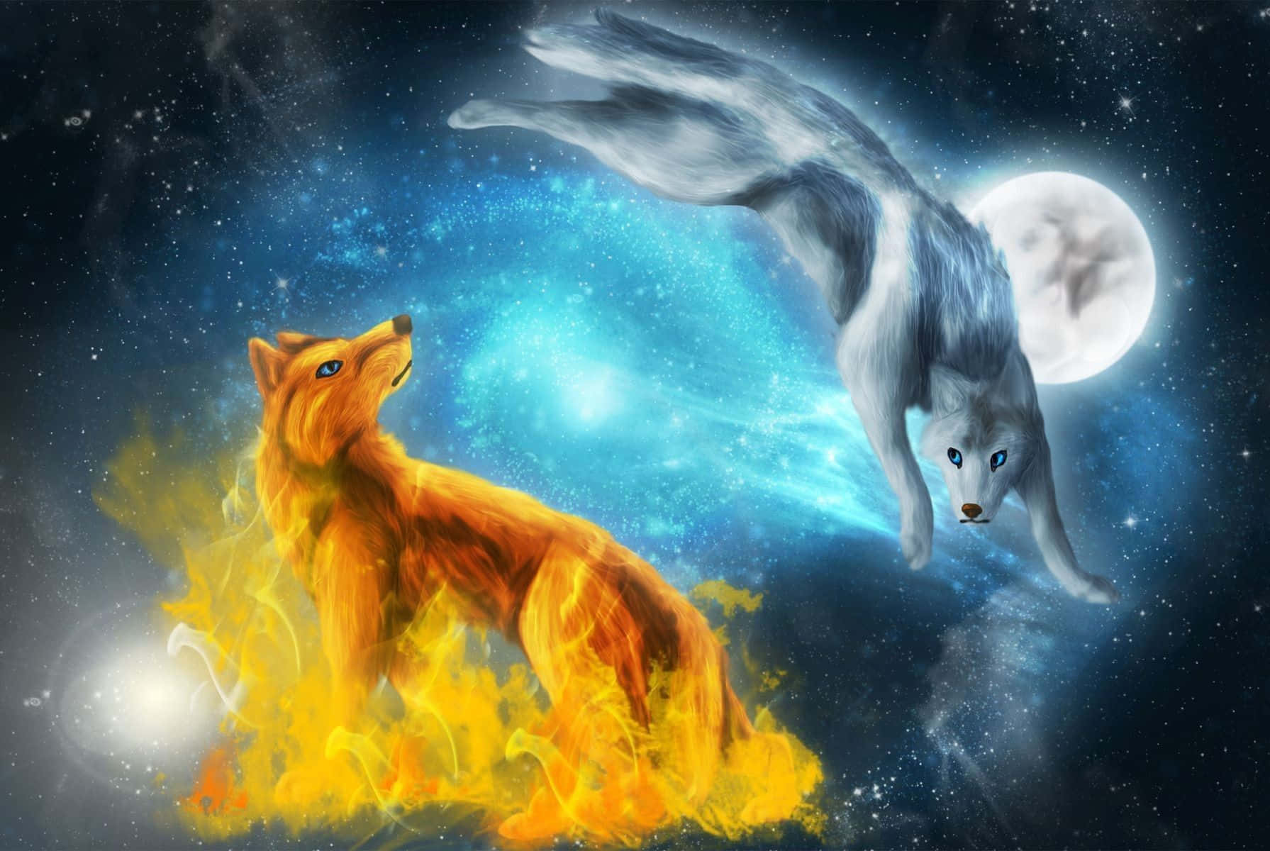 Galaxy Wolves 桌布 壁紙 — 一隻火橙色的狐狸站在火焰中，而一隻銀色的狼在滿月背後的星空夜空中跳躍。